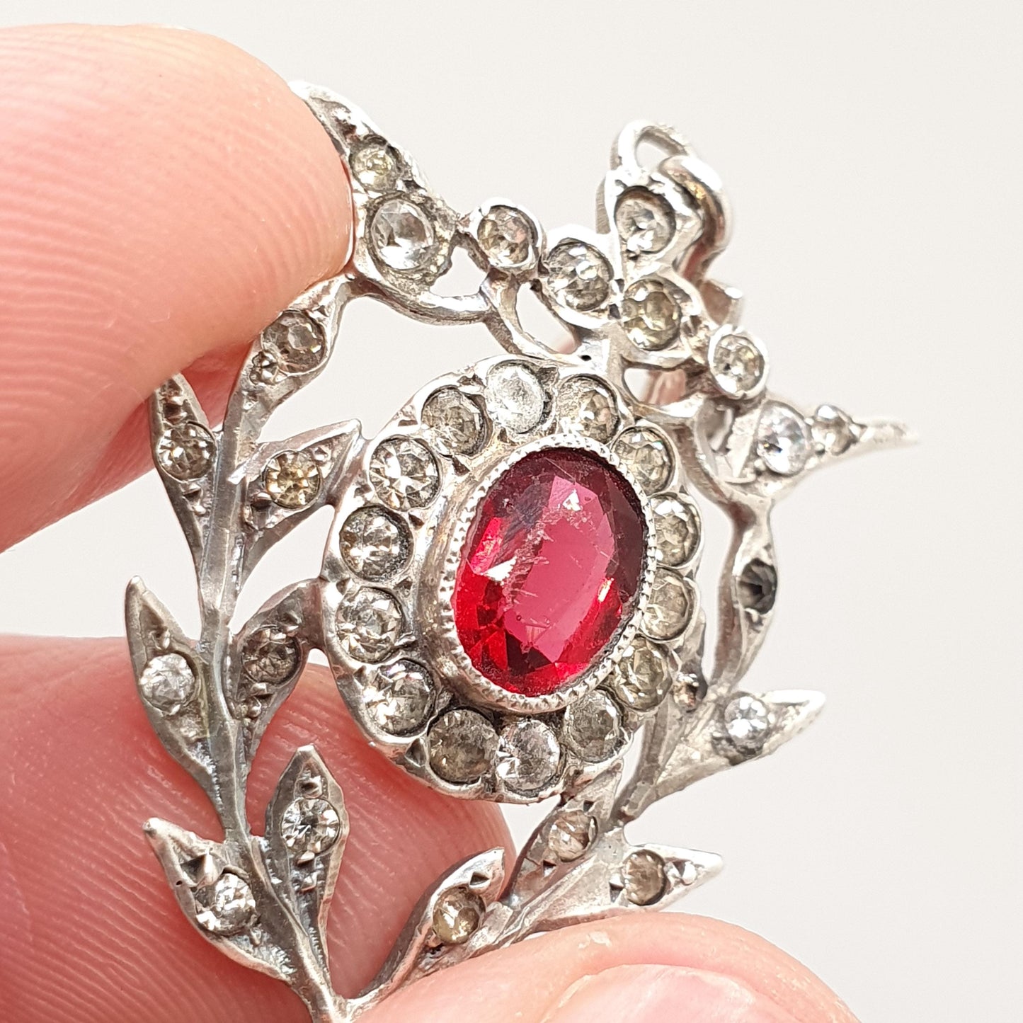 Antique Solid Silver Ruby Diamond Paste Pendant Art Nouveau Necklace Oval Cut Hanging Rare Fine Vintage Womens Jewellery Jewelry