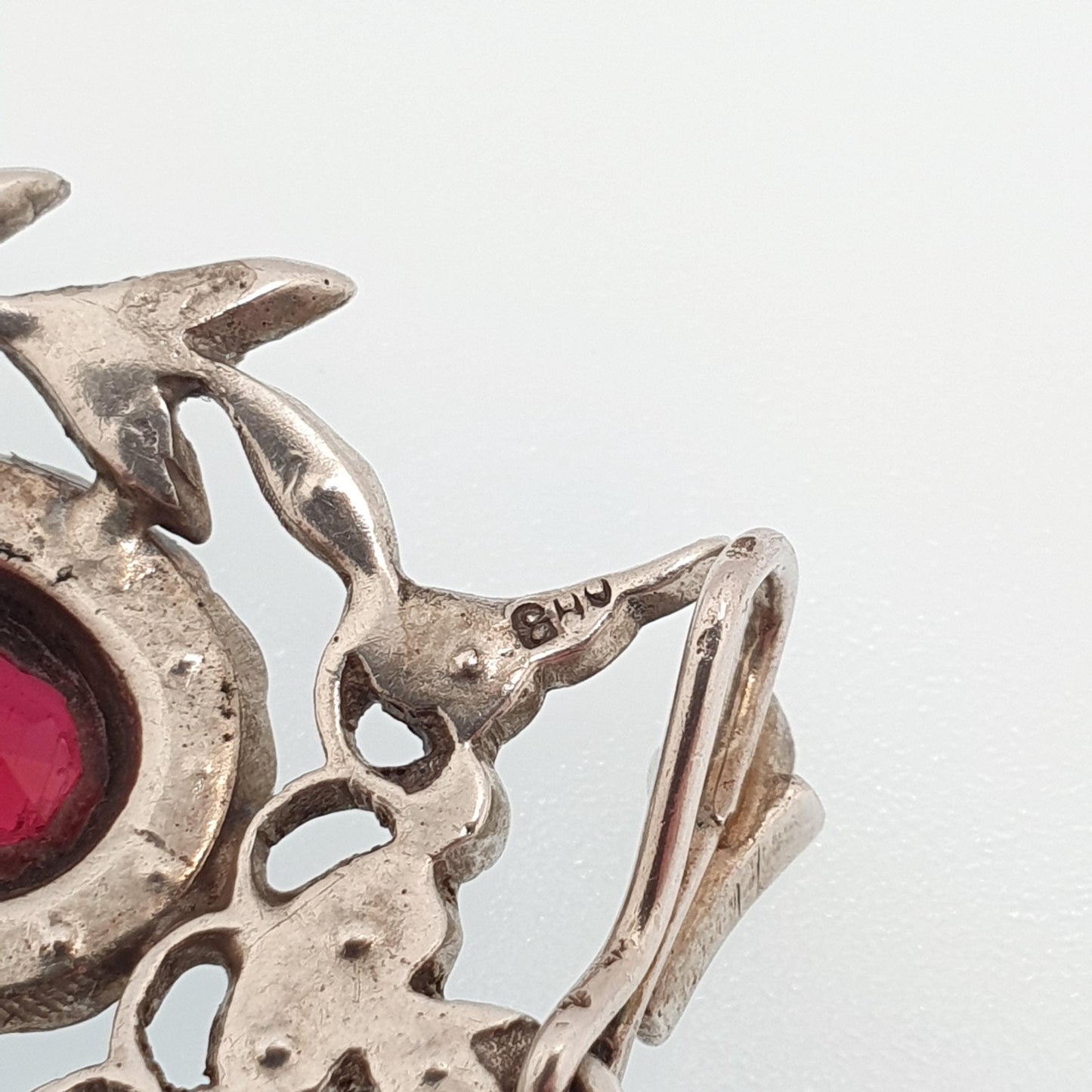 Antique Solid Silver Ruby Diamond Paste Pendant Art Nouveau Necklace Oval Cut Hanging Rare Fine Vintage Womens Jewellery Jewelry