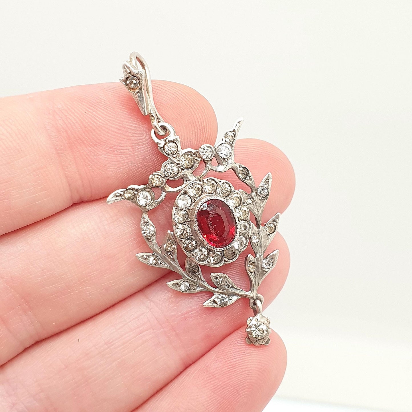Antique Solid Silver Ruby Diamond Paste Pendant Art Nouveau Necklace Oval Cut Hanging Rare Fine Vintage Womens Jewellery Jewelry