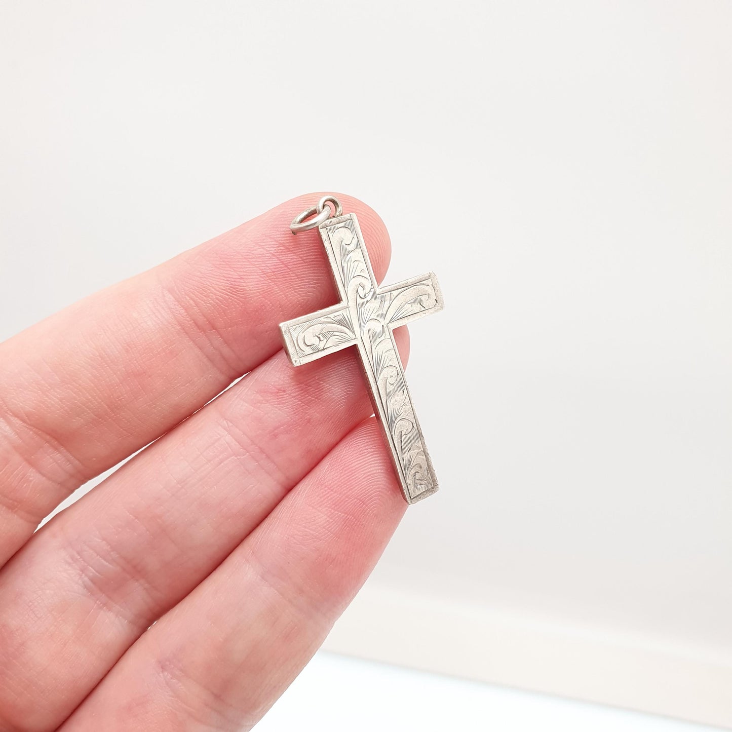 Antique Sterling Silver Crucifix Necklace Victorian Pendant Engraved Cross Catholic Christian Jewelry Vintage Mens Womens Jewellery