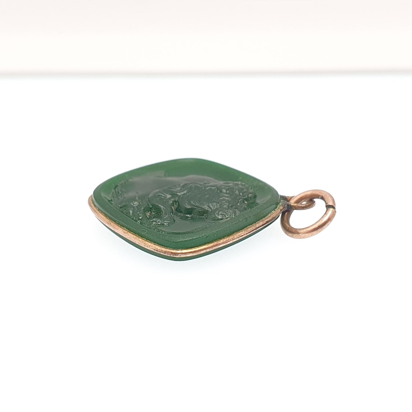 RESERVED/SOLD DON Antique Victorian Glass Cameo Pendant Green Glass Faux Chrysoprase Gold Gilt Necklace Square 1800s