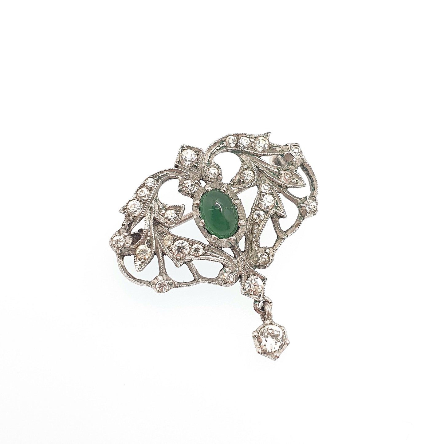 Antique Solid Silver Chrysoprase Brooch Diamond Paste Hanging Drop Art Nouveau Vintage Sparkly Oval Cut Ladies Womens Jewelry Jewellery