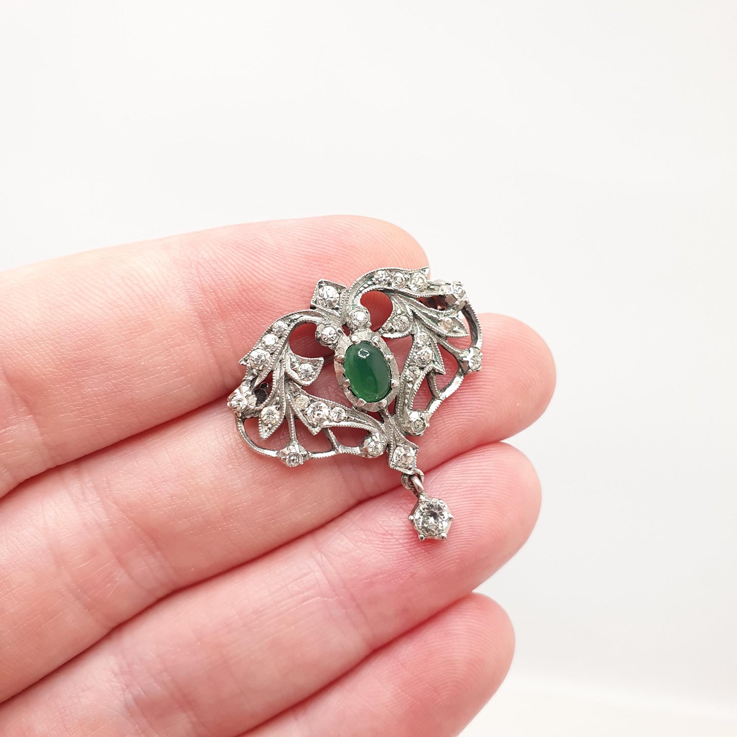 Antique Solid Silver Chrysoprase Brooch Diamond Paste Hanging Drop Art Nouveau Vintage Sparkly Oval Cut Ladies Womens Jewelry Jewellery