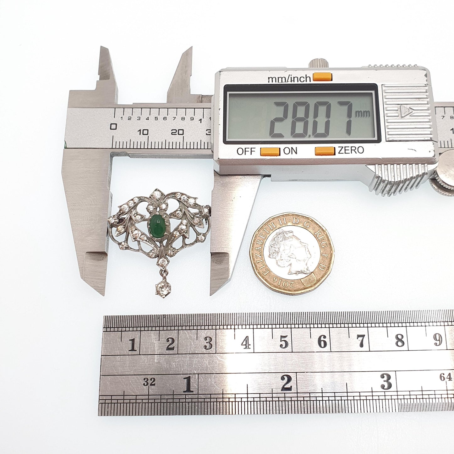 Antique Solid Silver Chrysoprase Brooch Diamond Paste Hanging Drop Art Nouveau Vintage Sparkly Oval Cut Ladies Womens Jewelry Jewellery