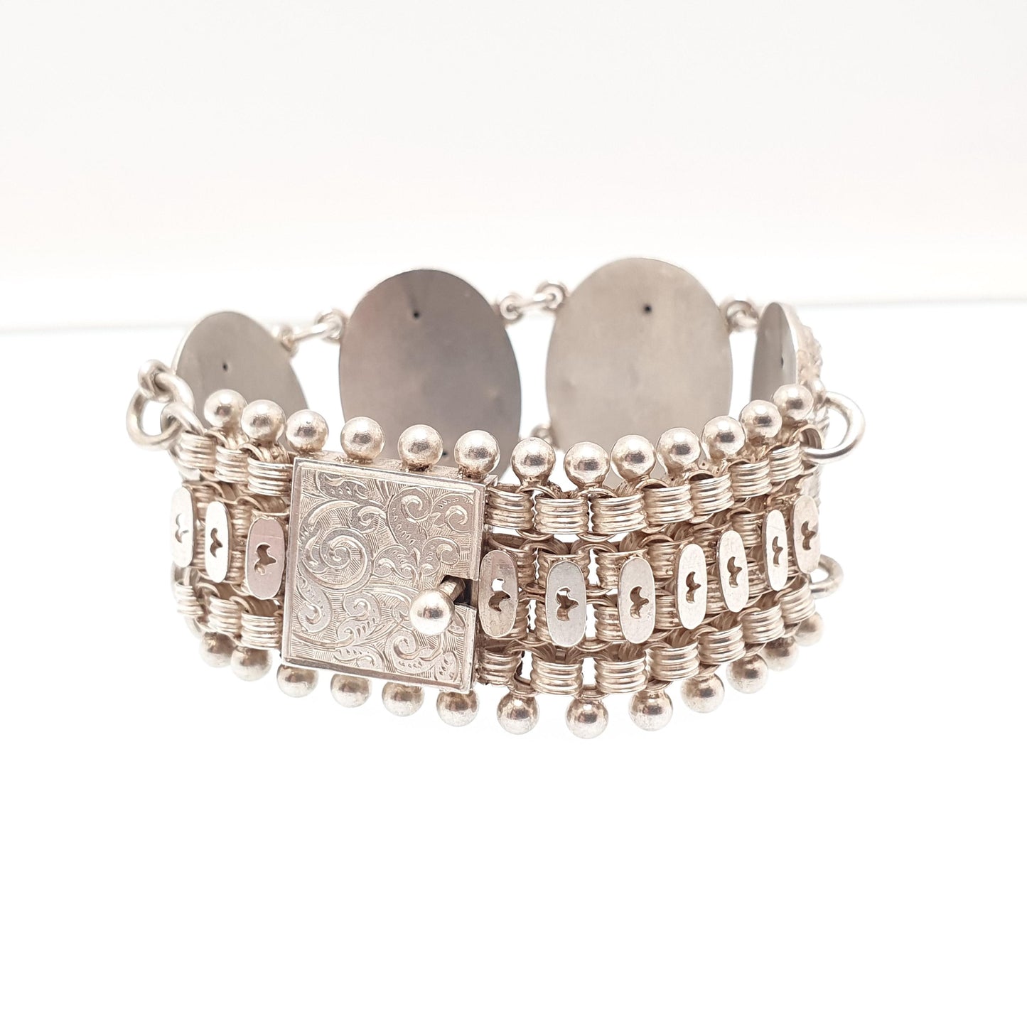 Antique Victorian Solid Silver Bracelet Hindu Deity Hanuman Indian Beaded Pierced Book Chain Rolo Belcher Vintage Womens Jewellery Jewelry