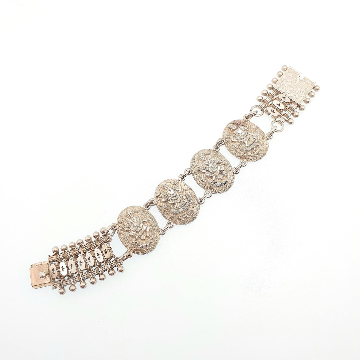 Antique Victorian Solid Silver Bracelet Hindu Deity Hanuman Indian Beaded Pierced Book Chain Rolo Belcher Vintage Womens Jewellery Jewelry
