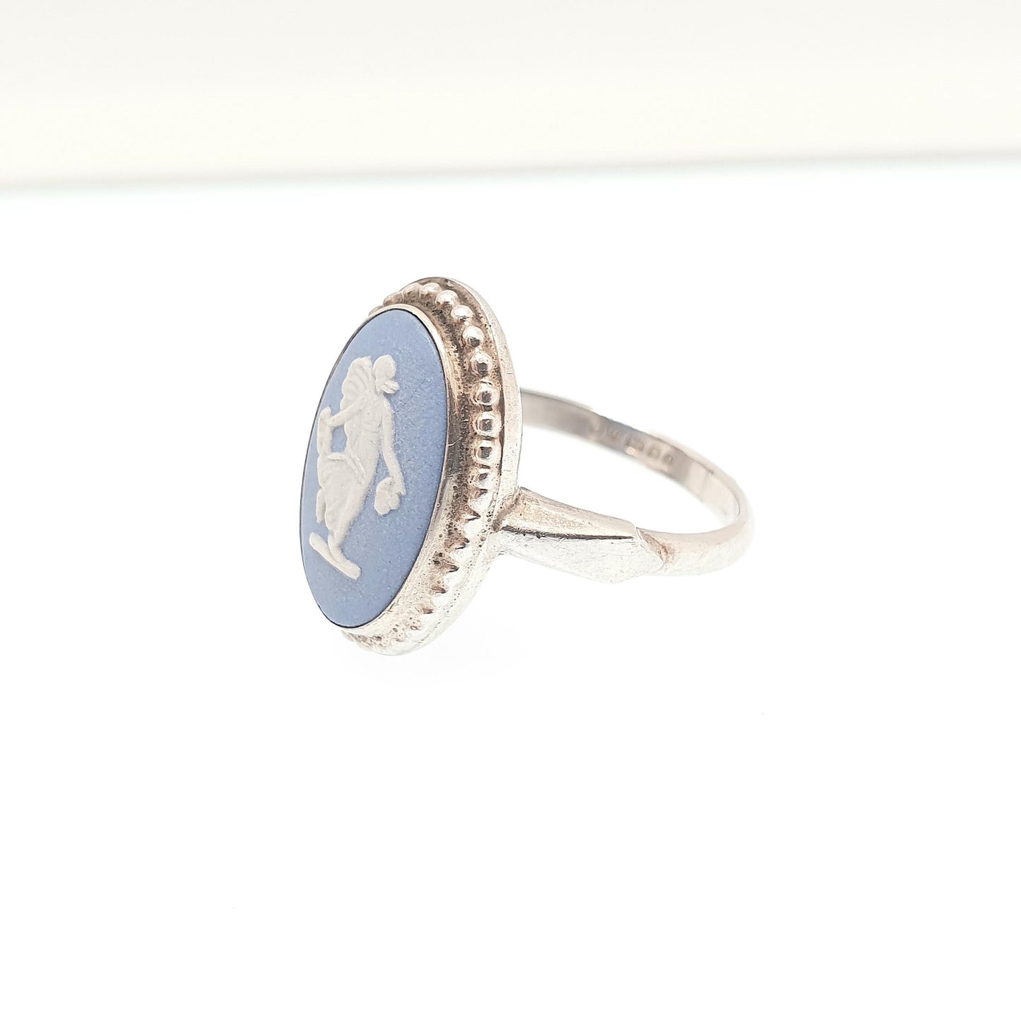 Vintage Sterling Silver Wedgwood Ring Sky Blue Jasperware Cameo Signet Genuine Josiah Wedgwood 1980 Hallmarked Women Ladies Retro Jewelry