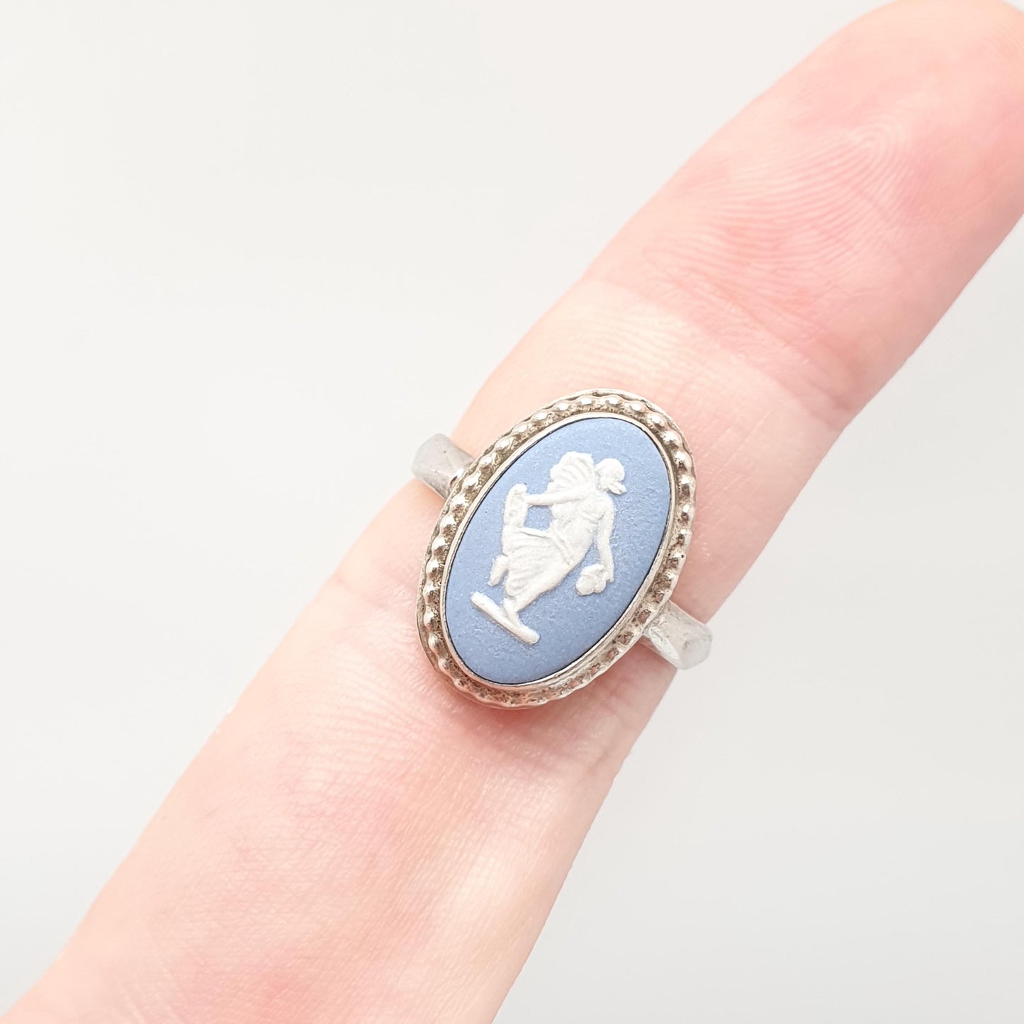 Vintage Sterling Silver Wedgwood Ring Sky Blue Jasperware Cameo Signet Genuine Josiah Wedgwood 1980 Hallmarked Women Ladies Retro Jewelry