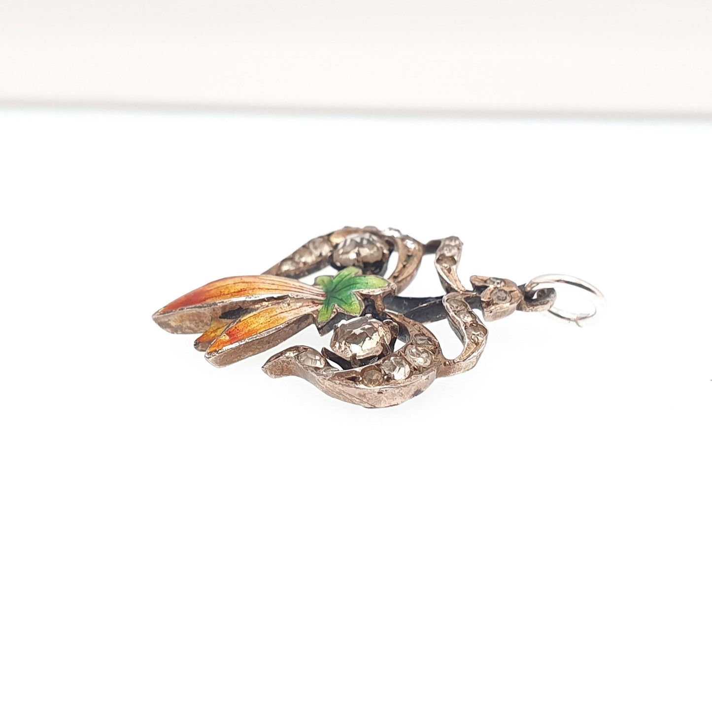 Antique Victorian Solid Silver Diamond Paste Necklace Pendant Enamel Flower Colourful Fine Art Nouveau Sparkly Vintage Jewellery Jewelry