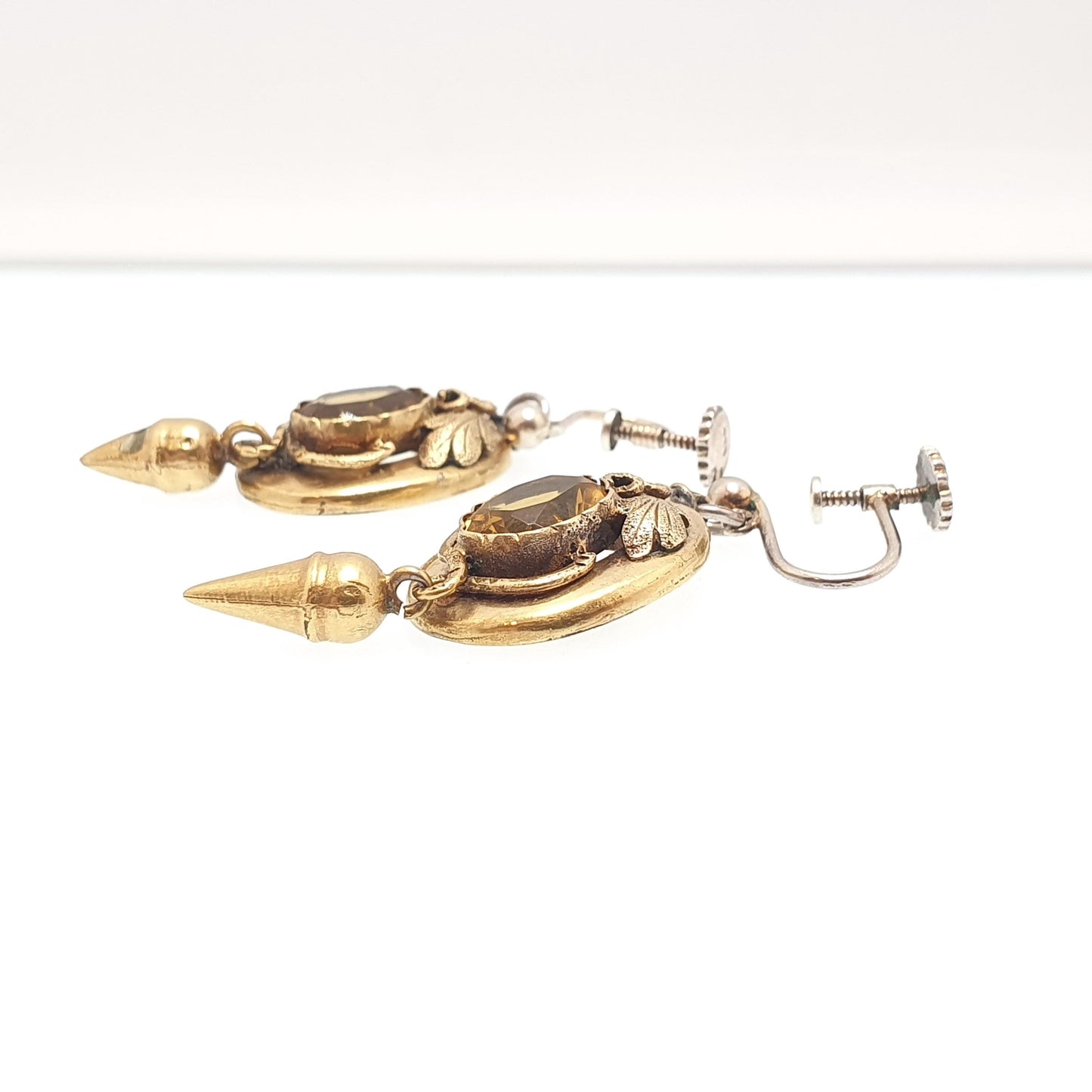 Antique Victorian Rolled Gold Citrine Paste Earrings Hanging Tassel Drop Gold Filled Oval Cut Etruscan Vintage Womens Jewellery Jewelry