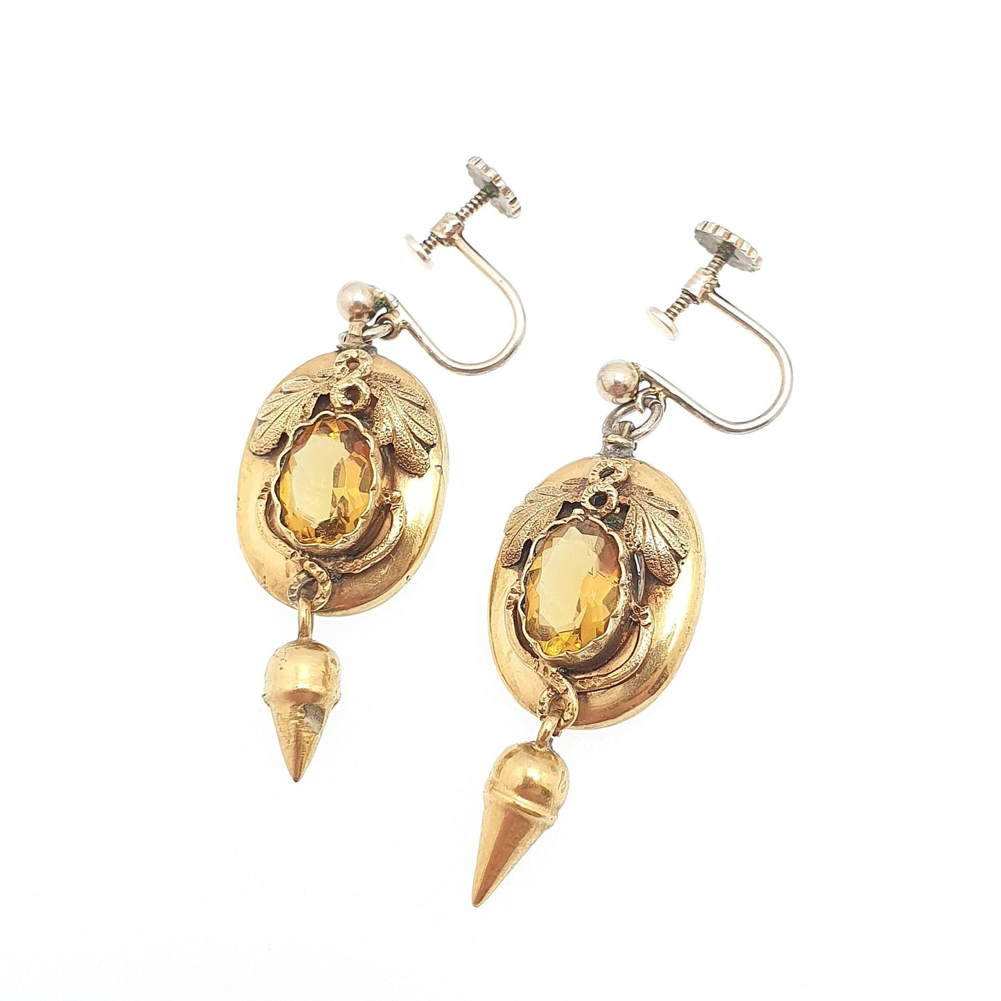 Antique Victorian Rolled Gold Citrine Paste Earrings Hanging Tassel Drop Gold Filled Oval Cut Etruscan Vintage Womens Jewellery Jewelry
