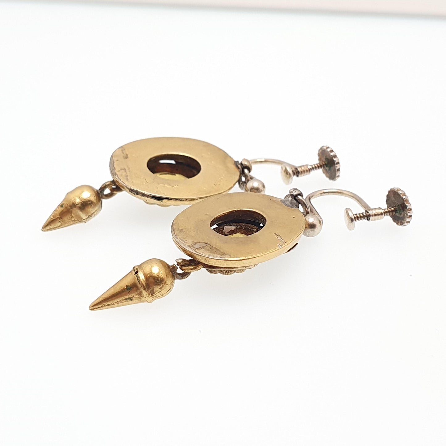 Antique Victorian Rolled Gold Citrine Paste Earrings Hanging Tassel Drop Gold Filled Oval Cut Etruscan Vintage Womens Jewellery Jewelry