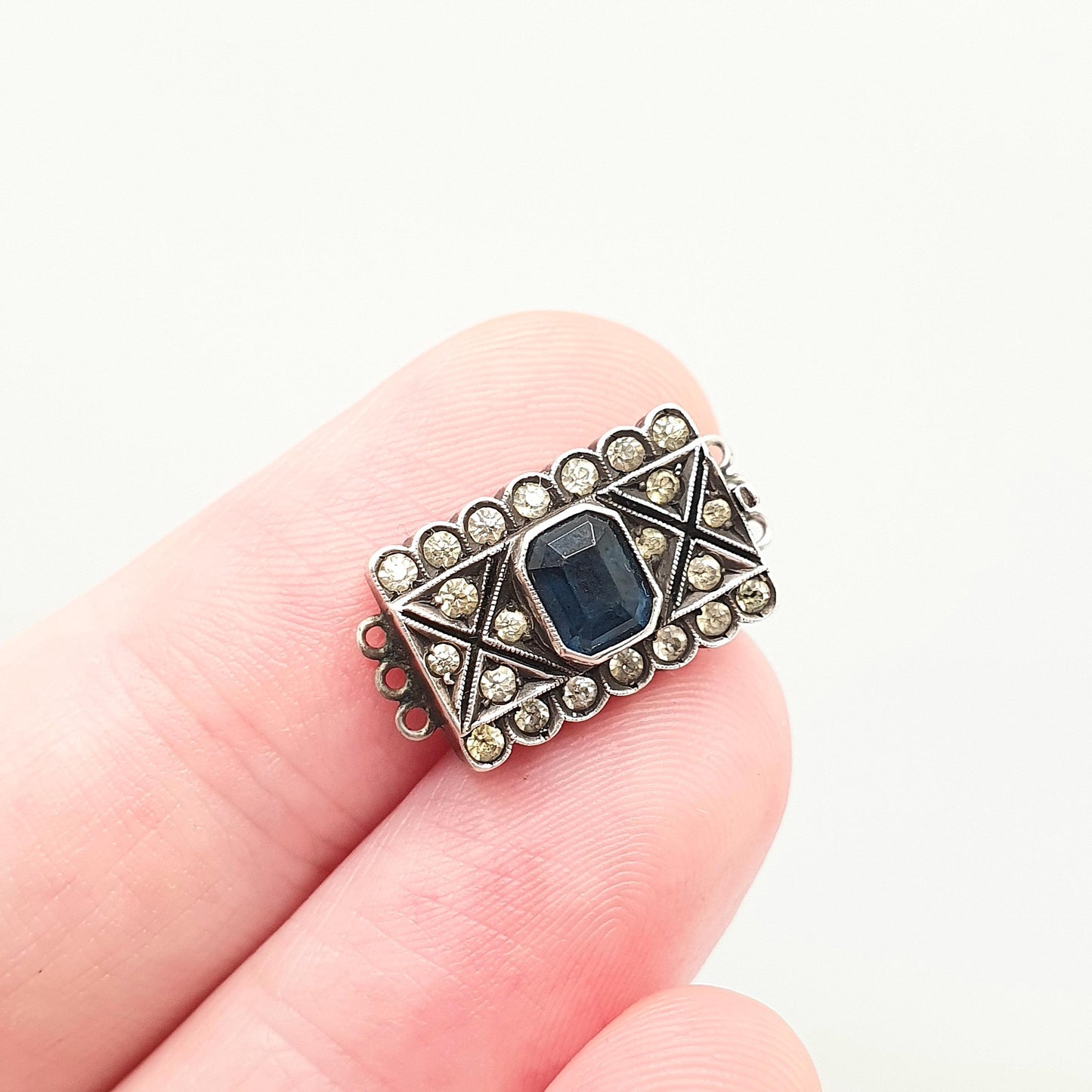 Antique Sterling Silver Sapphire & Diamond Paste Clasp Necklace Bracelet Fastening Clip Triple Three Art Deco Vintage Jewelry Jewellery