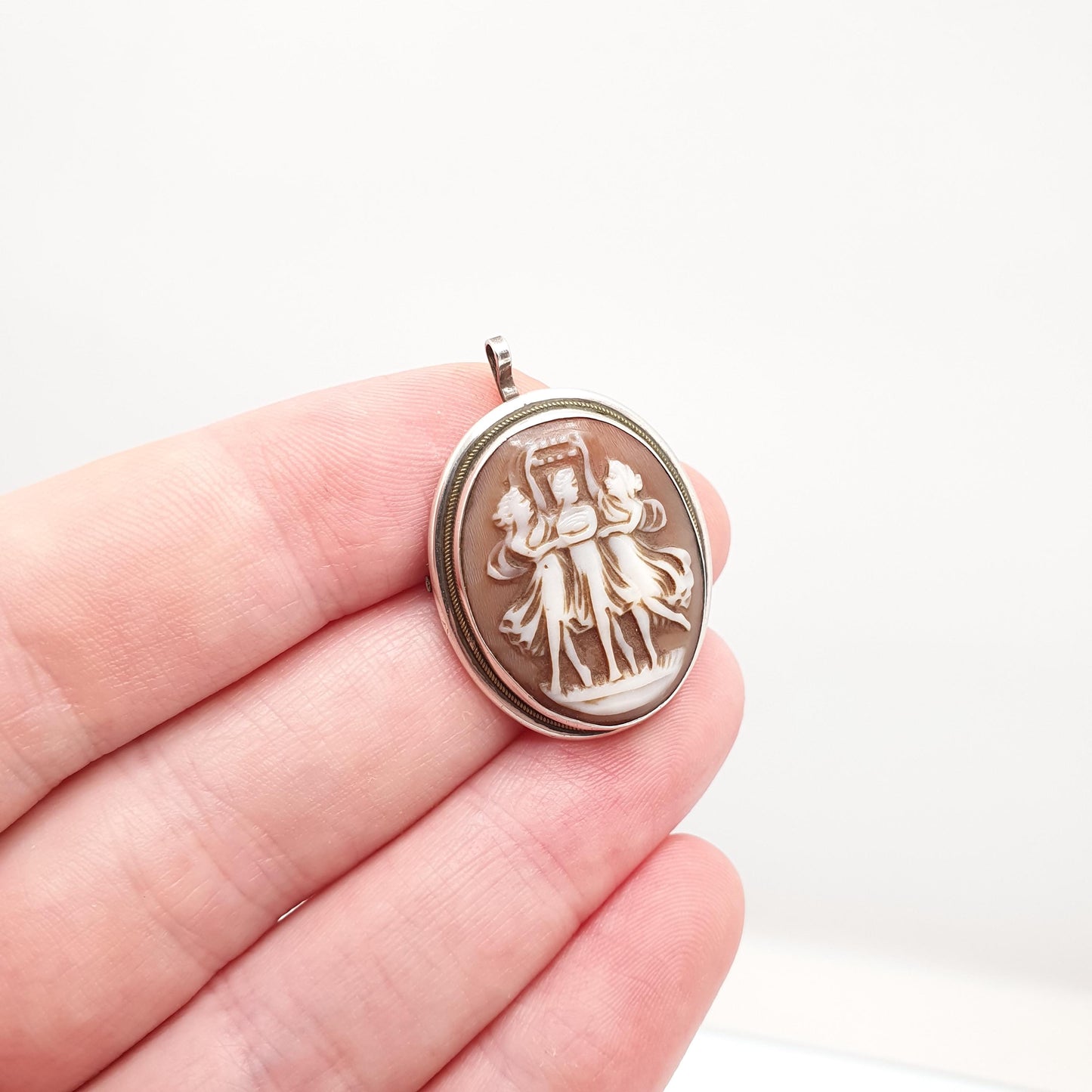 Antique Solid Silver Three Graces Cameo Necklace Pendant Brooch Grace Art Deco Shell Hand Carved Italian Retro Vintage Jewelry Jewellery