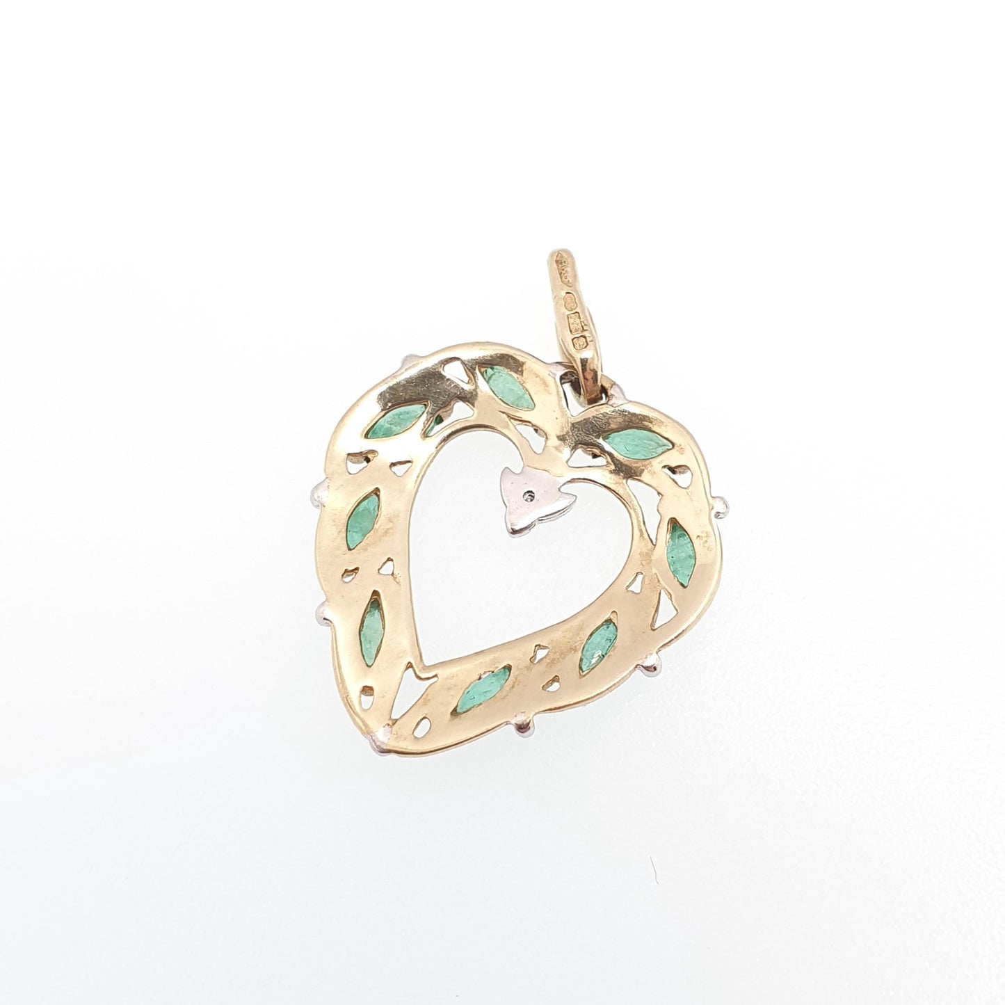 Vintage 9ct Gold Emerald & Diamond Pendant Heart Necklace Solid 375 9k Oval Genuine Gemstone Retro Necklace Ladies Womens Jewelry Jewellery