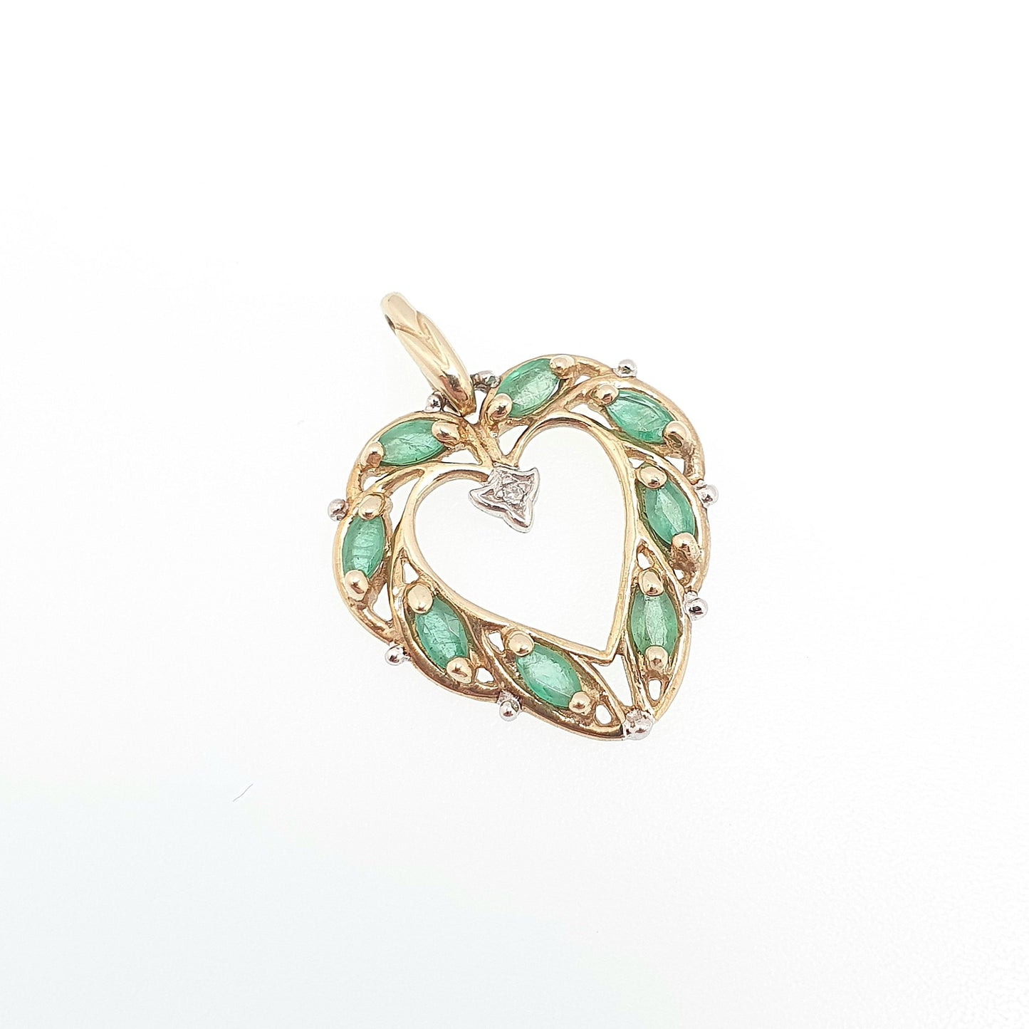 Vintage 9ct Gold Emerald & Diamond Pendant Heart Necklace Solid 375 9k Oval Genuine Gemstone Retro Necklace Ladies Womens Jewelry Jewellery