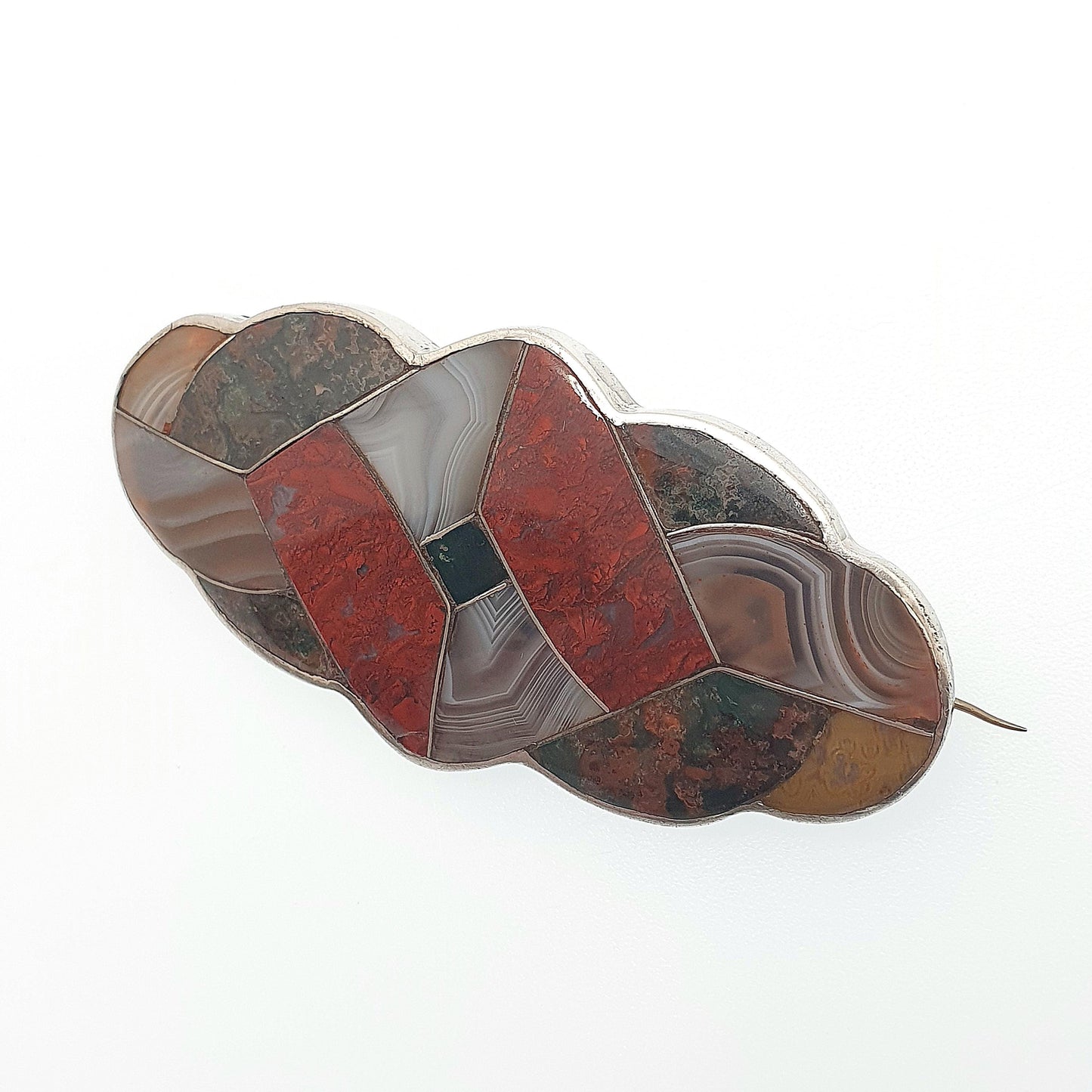 Antique Scottish Sterling Silver Jasper Agate Brooch Knot Mosaic Bloodstone Large Big Hardstone Lace Gemstone Victorian Jewelry Jewellery