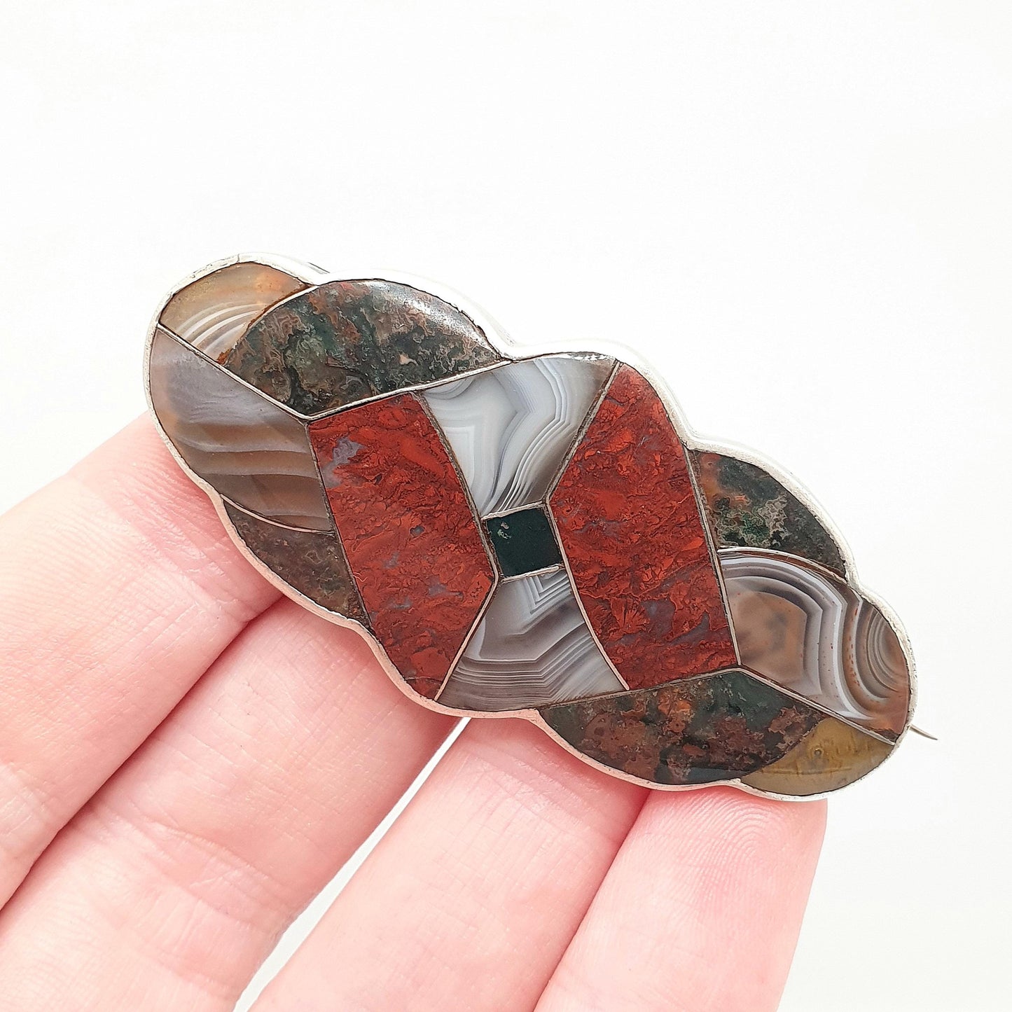 Antique Scottish Sterling Silver Jasper Agate Brooch Knot Mosaic Bloodstone Large Big Hardstone Lace Gemstone Victorian Jewelry Jewellery