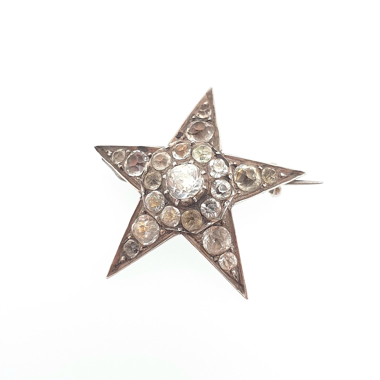 Antique Victorian Star Solid Silver Brooch Diamond Paste Old Cut Five Point Foiled Sparkly Starry Celestial Womens Jewelry Jewellery Vintage