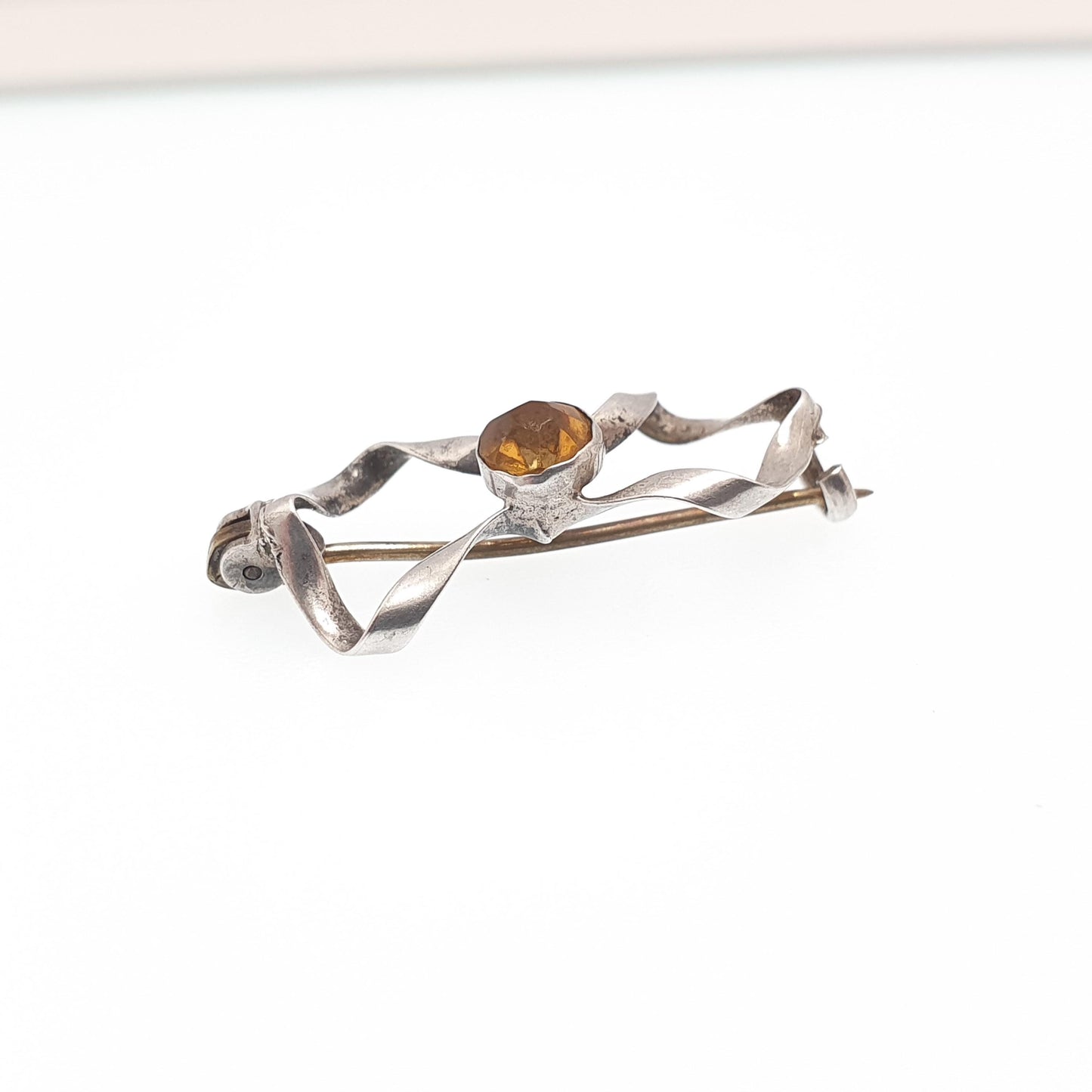 Antique Charles Horner Sterling Silver Bow Brooch Citrine Paste Infinity Knot Art Nouveau Infinity 1900s Vintage Womens Jewellery Jewelry