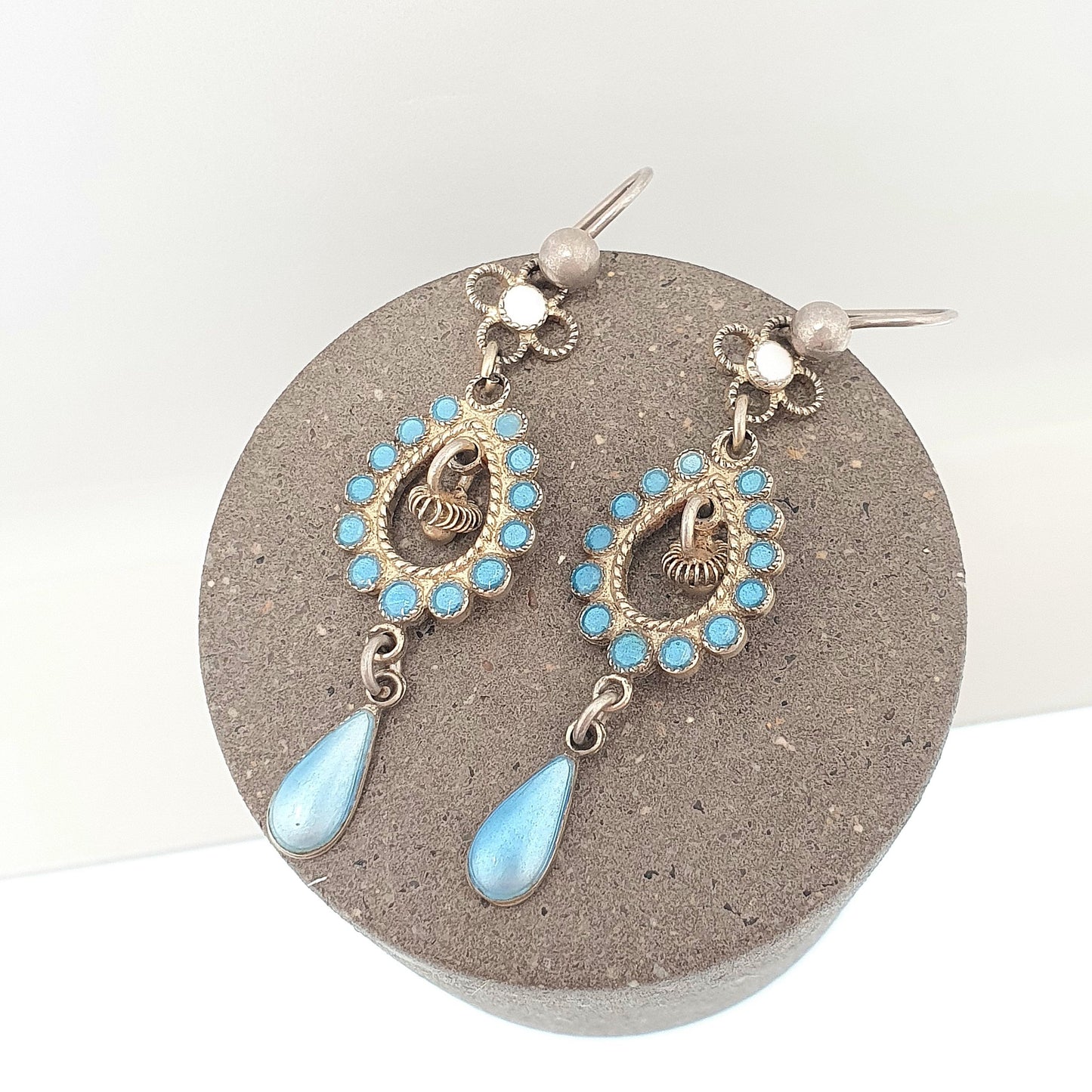 Antique Solid Silver Enamel Scandinavian Earrings Marius Hammer Style Gold Vermeil White Blue Hook Hanging Drop Womens Jewelry Jewellery