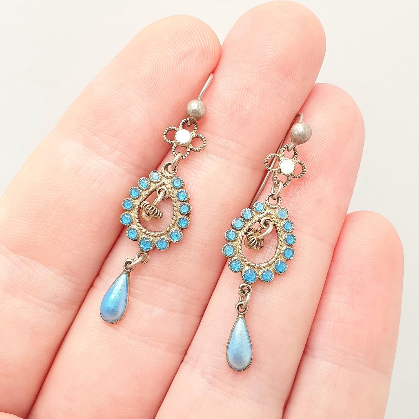 Antique Solid Silver Enamel Scandinavian Earrings Marius Hammer Style Gold Vermeil White Blue Hook Hanging Drop Womens Jewelry Jewellery