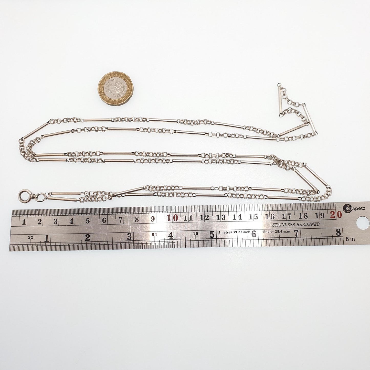 Antique Victorian Muff Chain Solid Silver Necklace Dog Clip 126cm 49.6" 28.15g Staple Bar & Rolo Link Long Guard Vintage Womens Jewelry