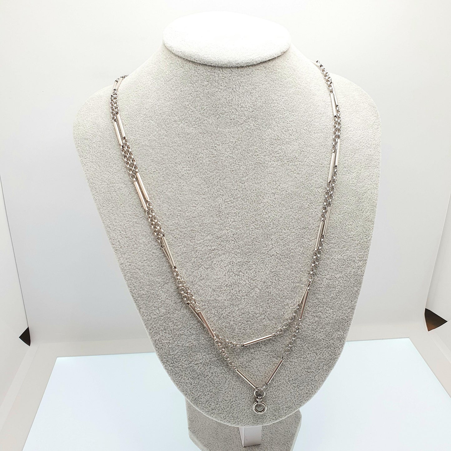 Antique Victorian Muff Chain Solid Silver Necklace Dog Clip 126cm 49.6" 28.15g Staple Bar & Rolo Link Long Guard Vintage Womens Jewelry