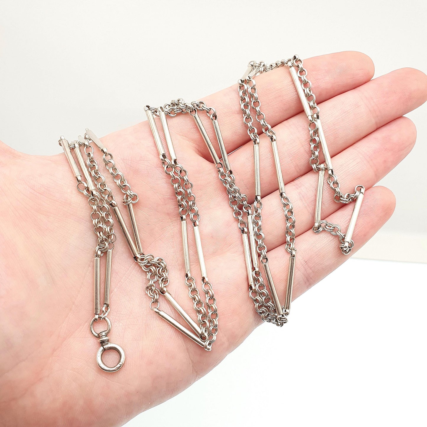 Antique Victorian Muff Chain Solid Silver Necklace Dog Clip 126cm 49.6" 28.15g Staple Bar & Rolo Link Long Guard Vintage Womens Jewelry
