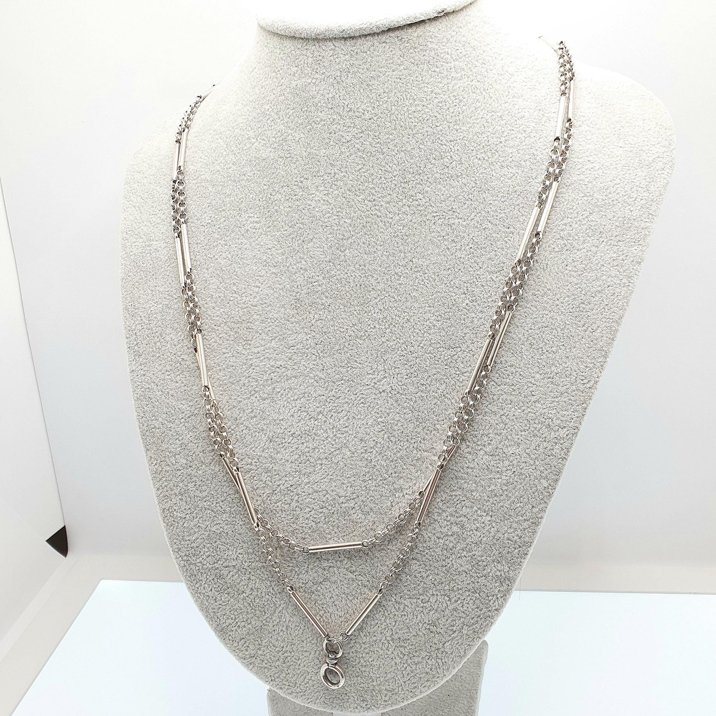 Antique Victorian Muff Chain Solid Silver Necklace Dog Clip 126cm 49.6" 28.15g Staple Bar & Rolo Link Long Guard Vintage Womens Jewelry