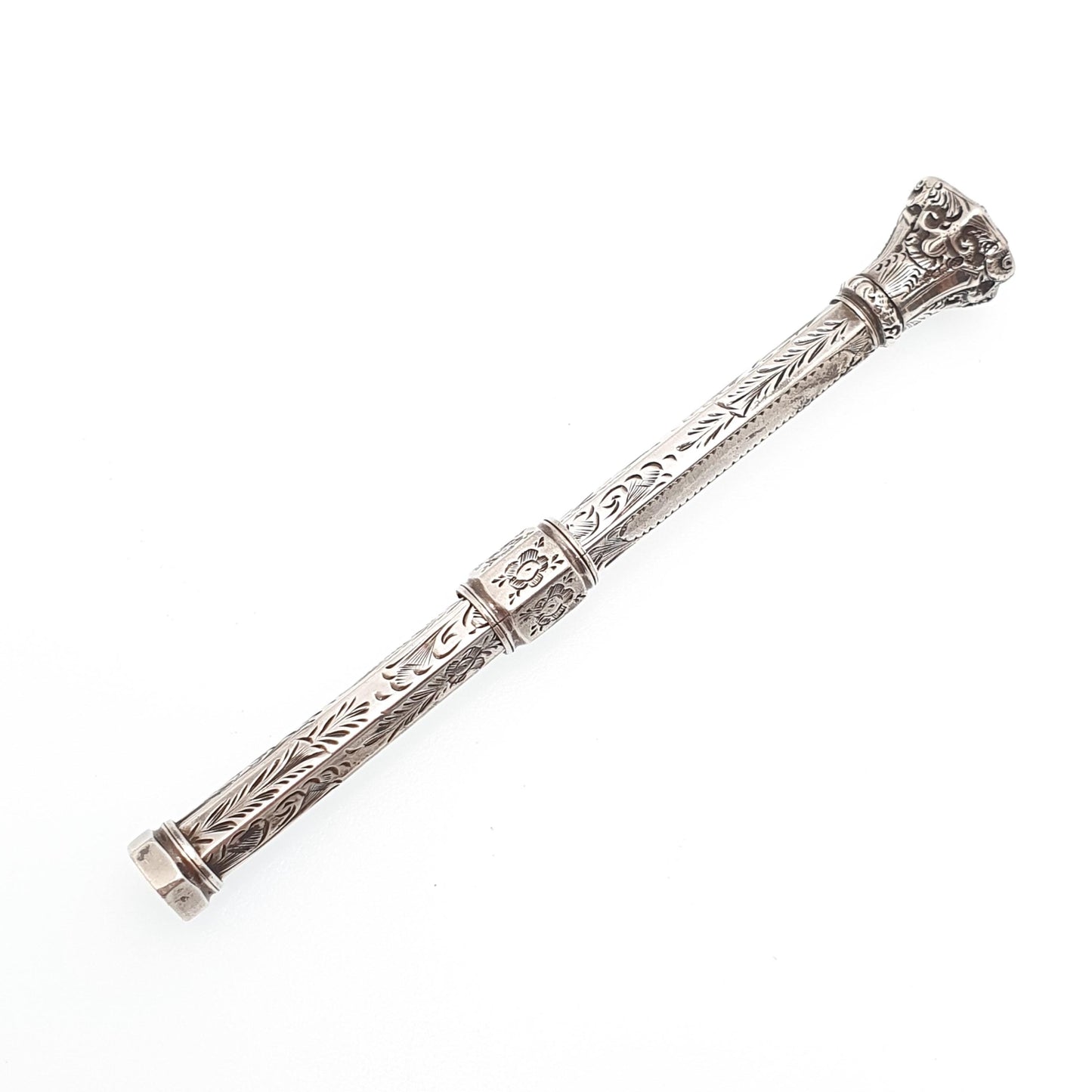 Antique Victorian Solid Silver Citrine Pencil Propelling Gemstone Fob Shield Engraved Fully Working Chased Writing Jewellery Jewelry