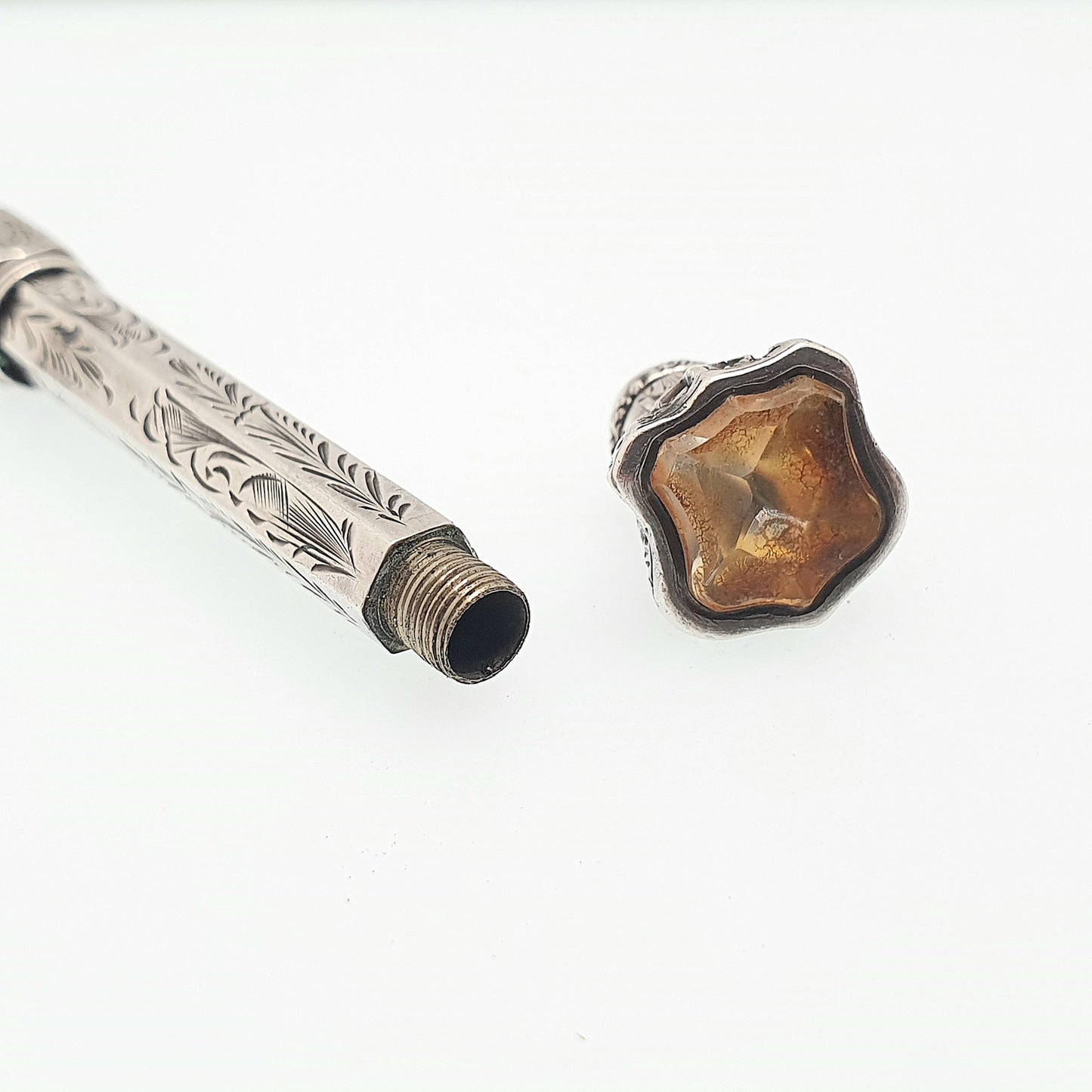 Antique Victorian Solid Silver Citrine Pencil Propelling Gemstone Fob Shield Engraved Fully Working Chased Writing Jewellery Jewelry