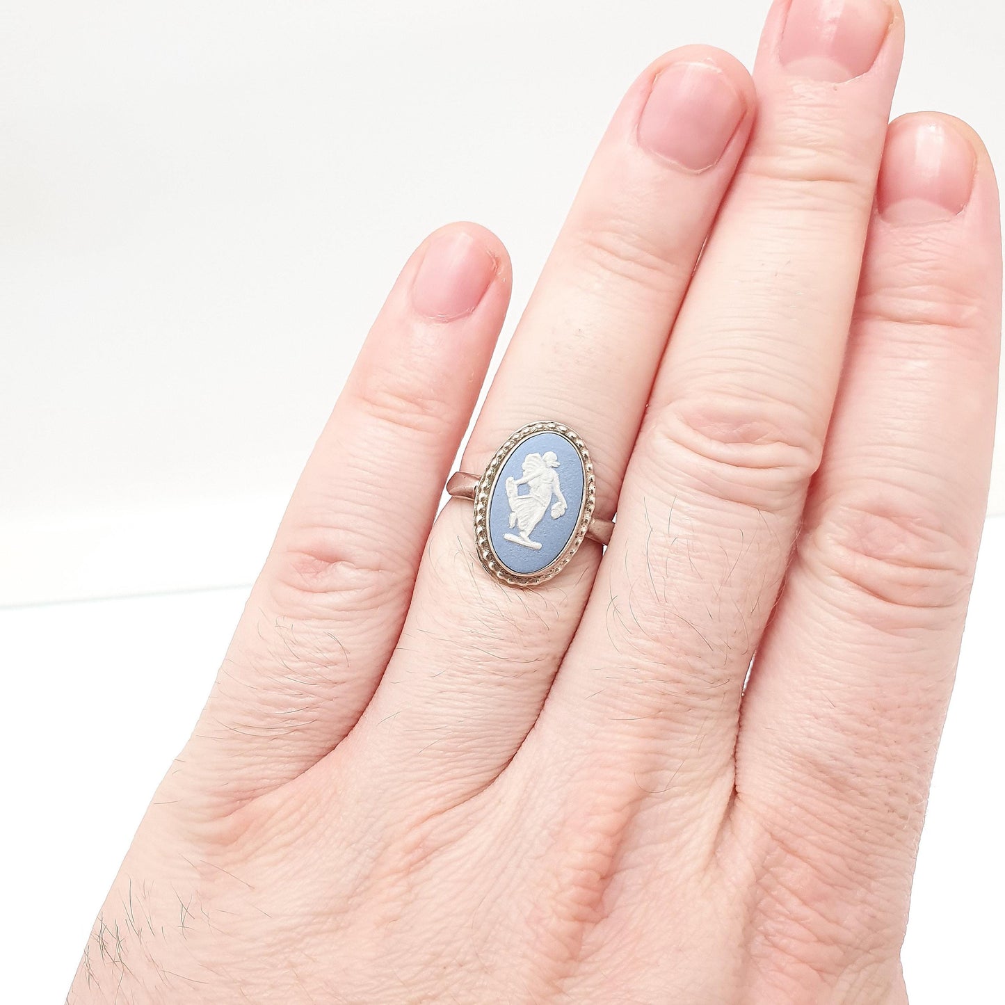 Vintage Sterling Silver Wedgwood Ring Sky Blue Jasperware Cameo Signet Genuine Josiah Wedgwood 1980 Hallmarked Women Ladies Retro Jewelry