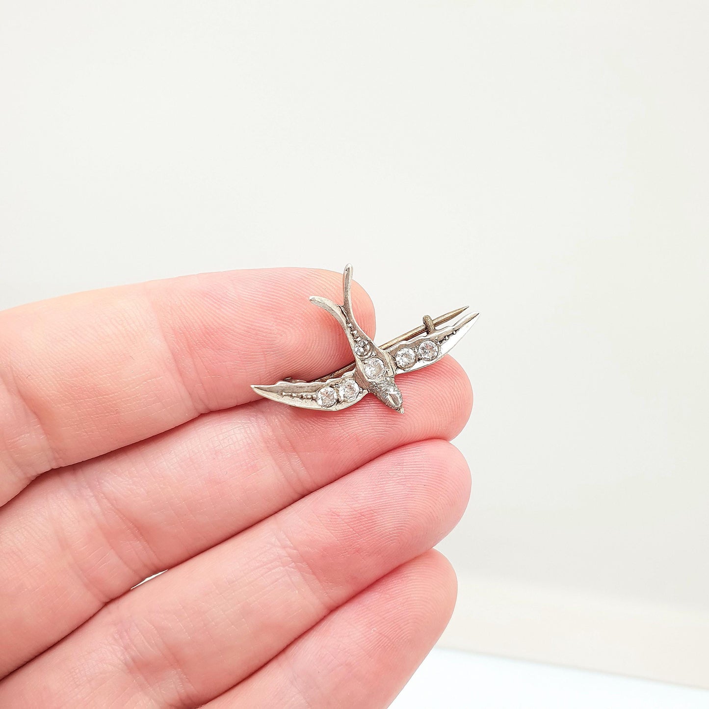 Antique Sterling Silver Bird Brooch Pin Diamond Paste Victorian Cute Sweet Swallow Vintage 1800s Songbird Ladies Womens Jewelry Jewellery