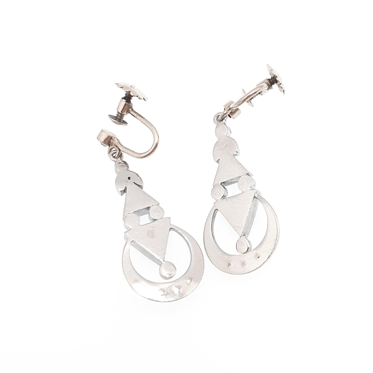 Antique Solid Silver Sapphire & Diamond Paste Earrings Crescent Moon Art Deco Pendulum Chandelier Hanging 1920s Vintage Jewelry Jewellery