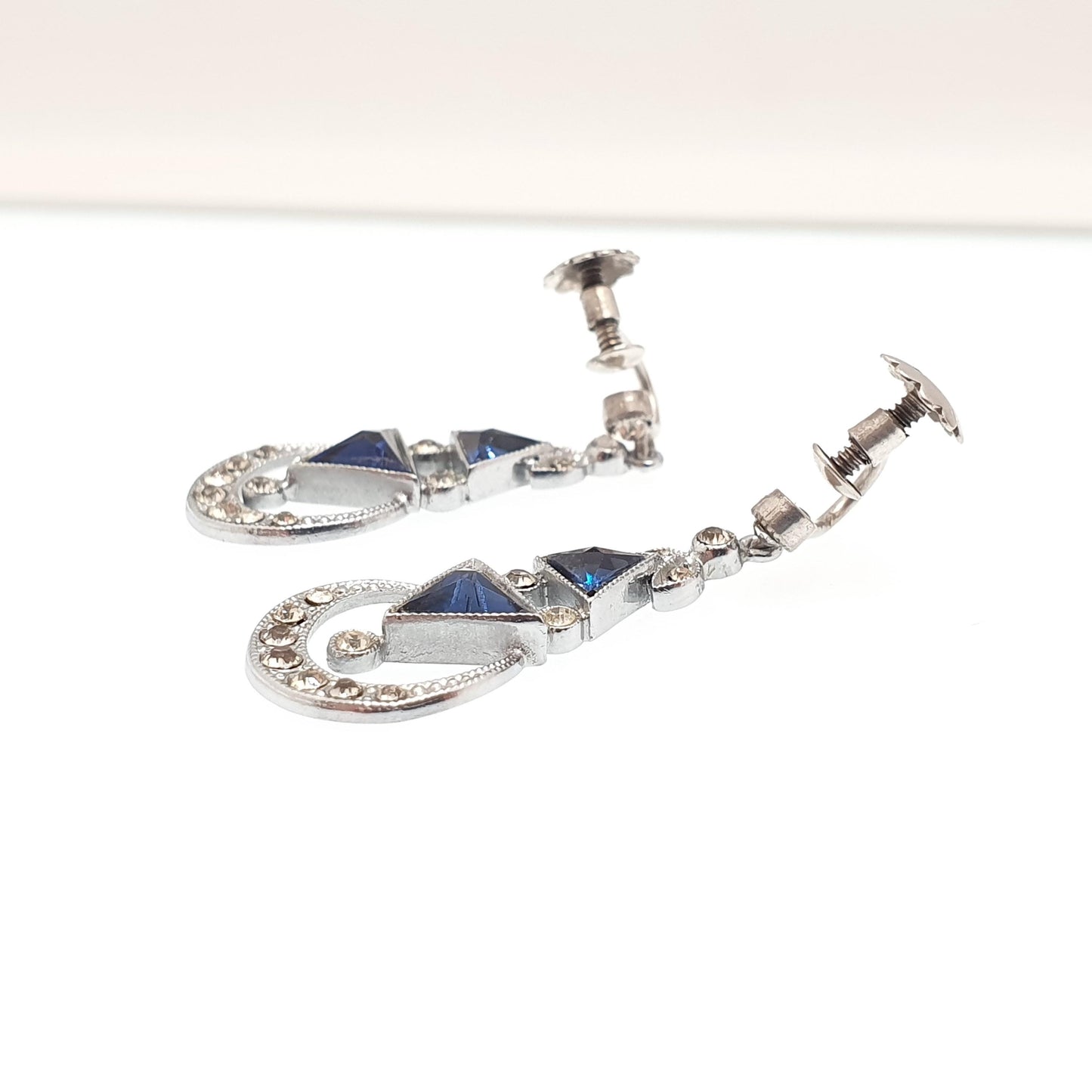 Antique Solid Silver Sapphire & Diamond Paste Earrings Crescent Moon Art Deco Pendulum Chandelier Hanging 1920s Vintage Jewelry Jewellery