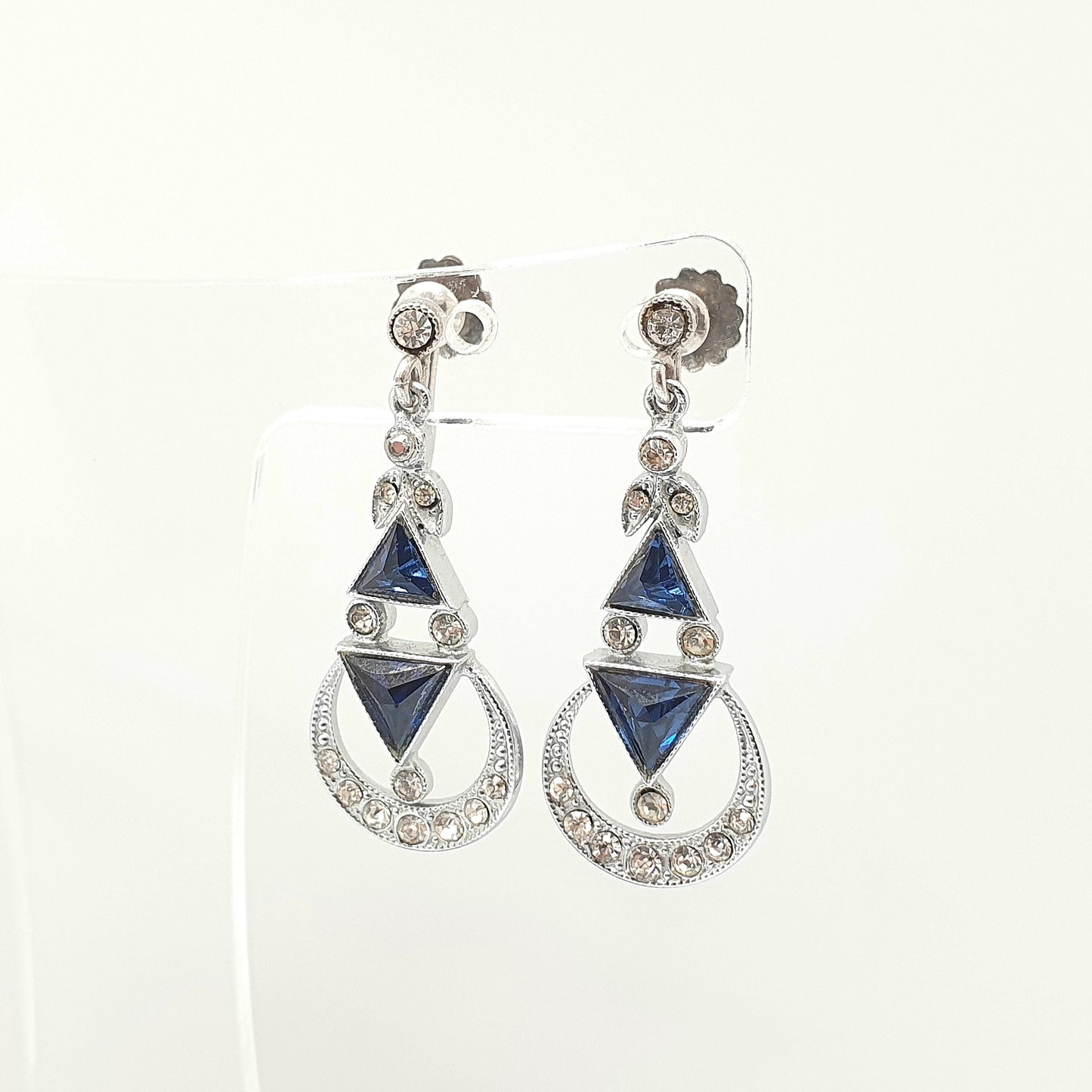 Antique Solid Silver Sapphire & Diamond Paste Earrings Crescent Moon Art Deco Pendulum Chandelier Hanging 1920s Vintage Jewelry Jewellery