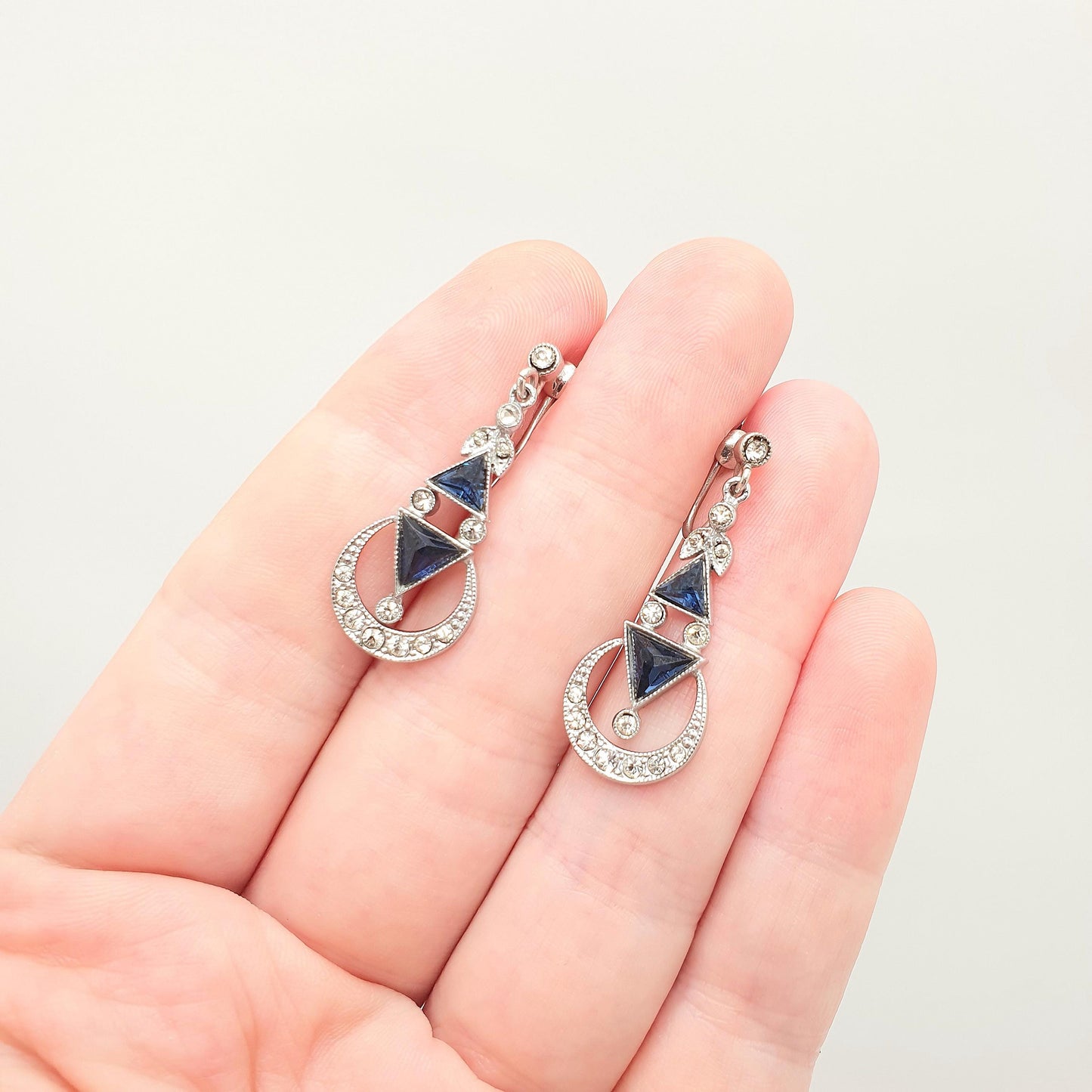 Antique Solid Silver Sapphire & Diamond Paste Earrings Crescent Moon Art Deco Pendulum Chandelier Hanging 1920s Vintage Jewelry Jewellery