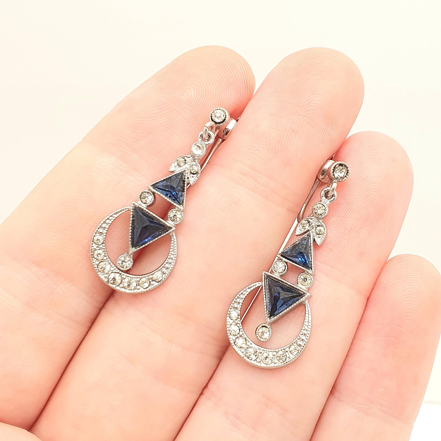Antique Solid Silver Sapphire & Diamond Paste Earrings Crescent Moon Art Deco Pendulum Chandelier Hanging 1920s Vintage Jewelry Jewellery