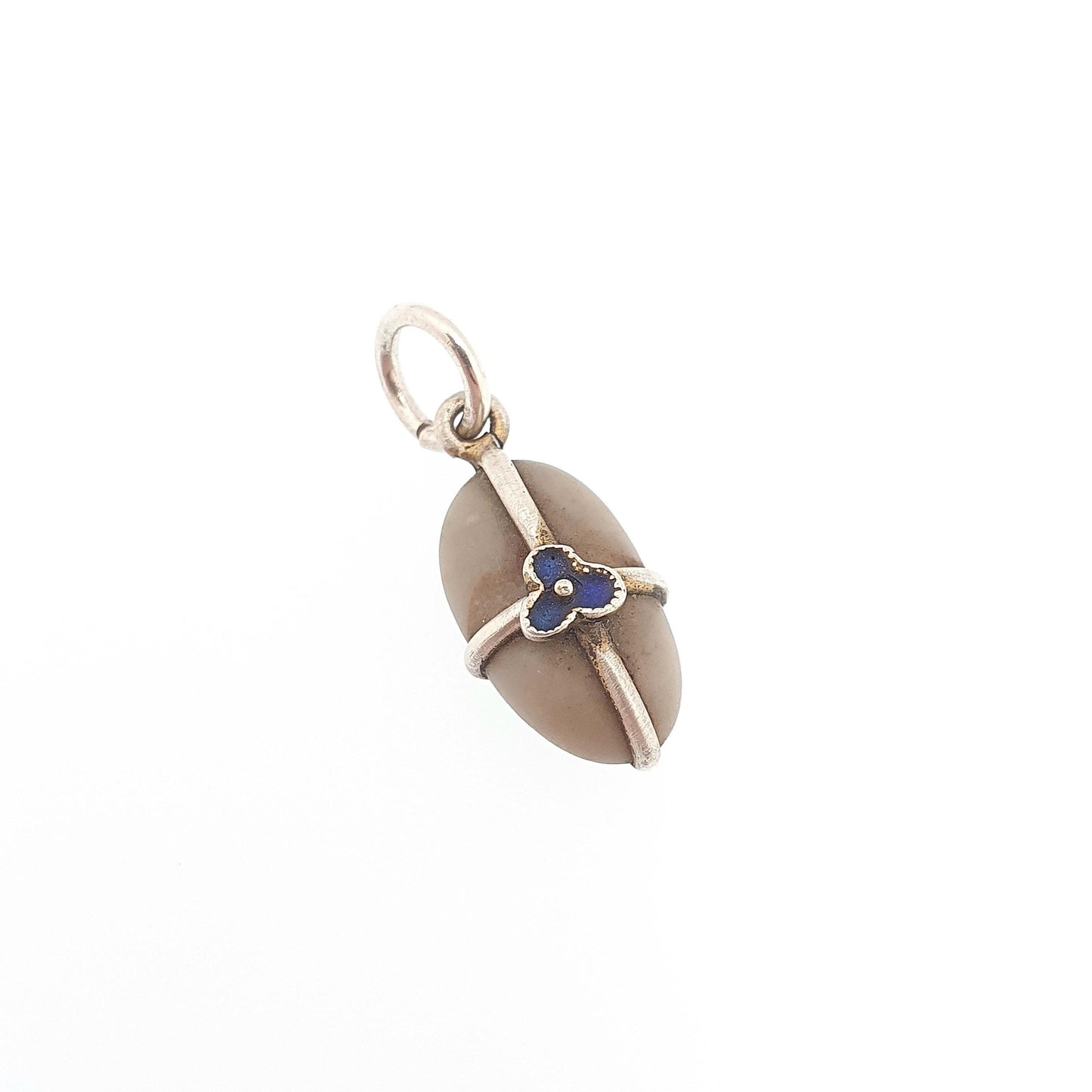 Antique Victorian Forget Me Not Solid Silver Charm Pebble Pendant Necklace Hardstone Enamel Sweetheart Vintage Womens Jewelry Jewellery