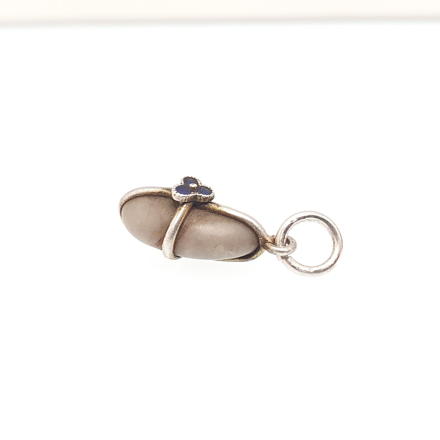 Antique Victorian Forget Me Not Solid Silver Charm Pebble Pendant Necklace Hardstone Enamel Sweetheart Vintage Womens Jewelry Jewellery