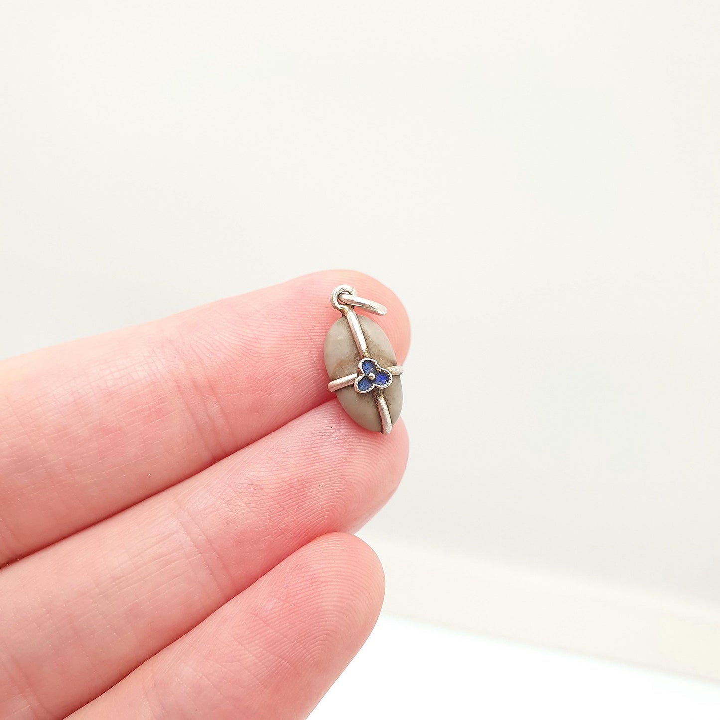 Antique Victorian Forget Me Not Solid Silver Charm Pebble Pendant Necklace Hardstone Enamel Sweetheart Vintage Womens Jewelry Jewellery