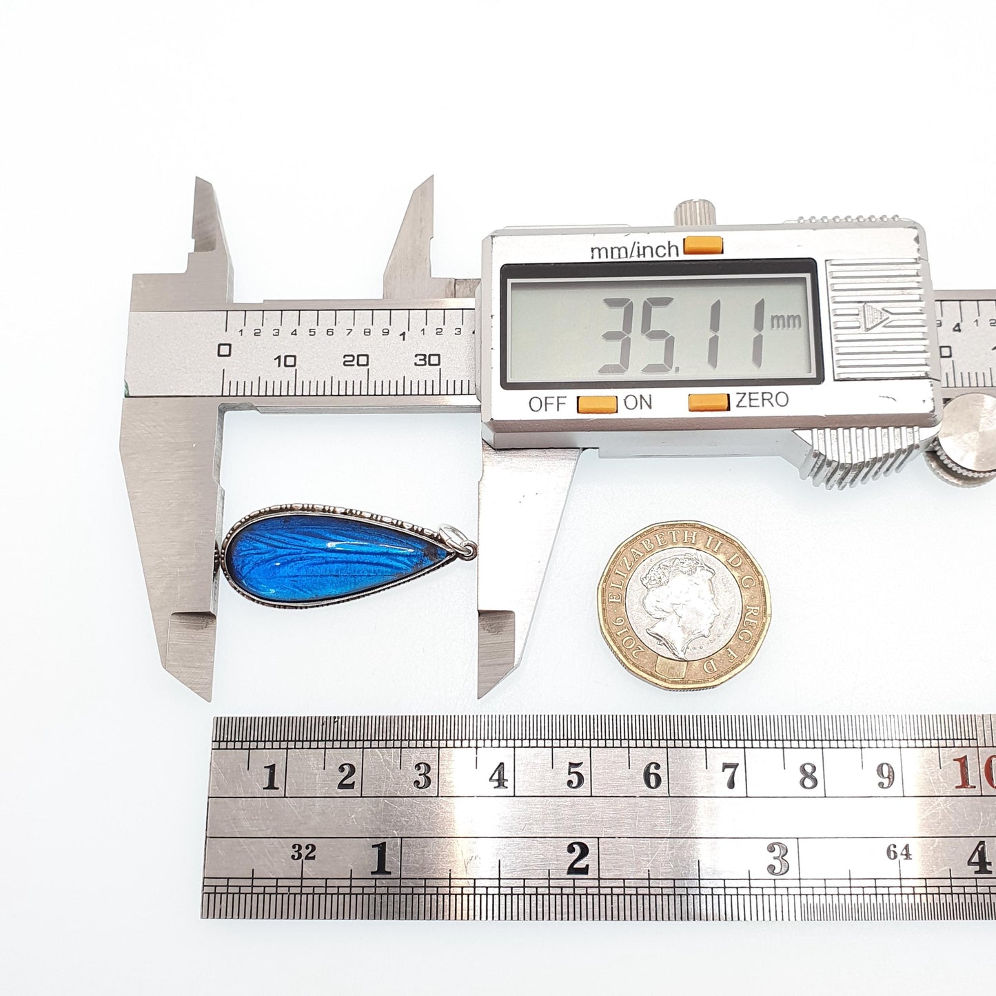 Antique Art Deco Sterling Silver Butterfly Wing Necklace Pendant Teardrop Vintage 1920s Blue Bug Fly Insect Small Jewelry Jewellery Womens