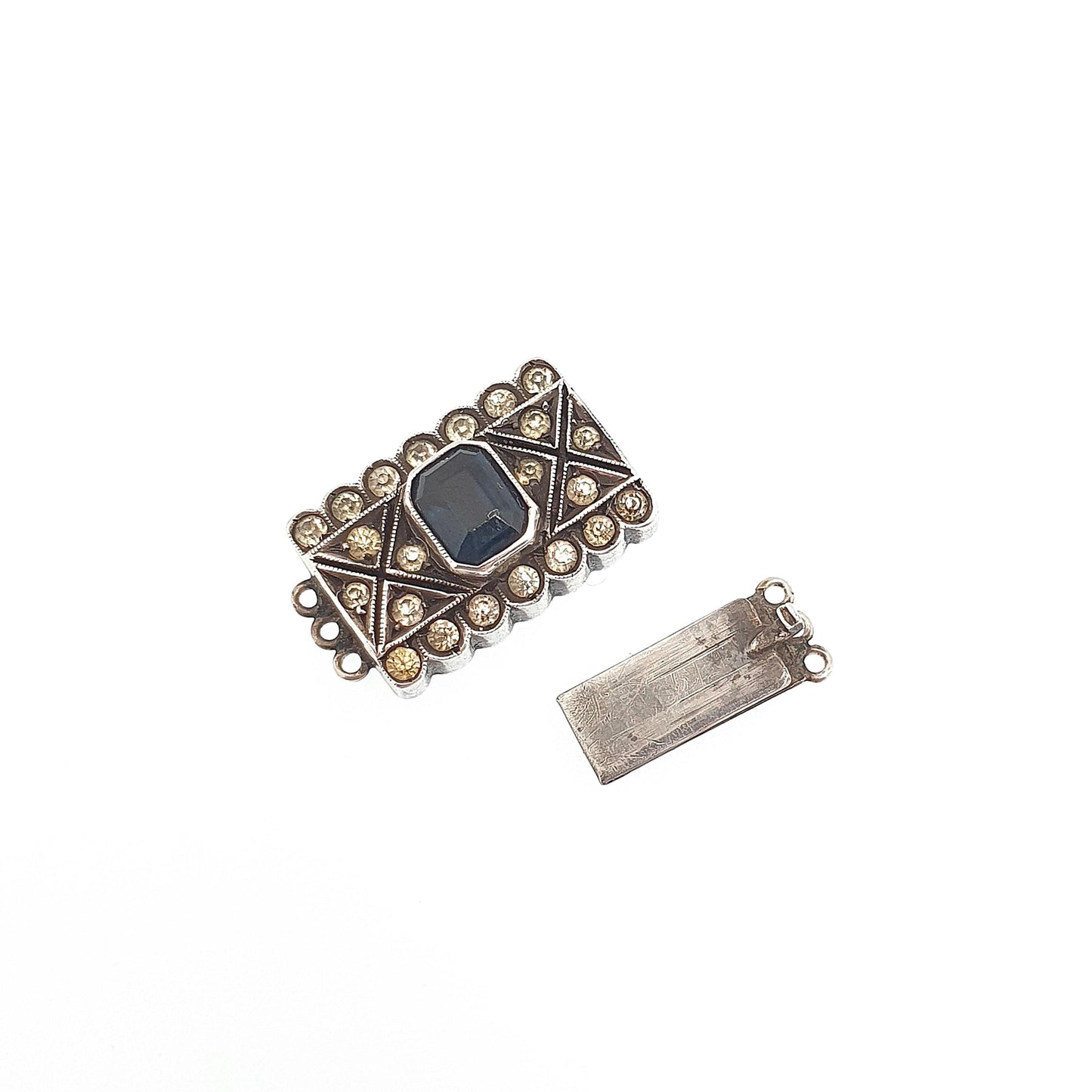 Antique Sterling Silver Sapphire & Diamond Paste Clasp Necklace Bracelet Fastening Clip Triple Three Art Deco Vintage Jewelry Jewellery