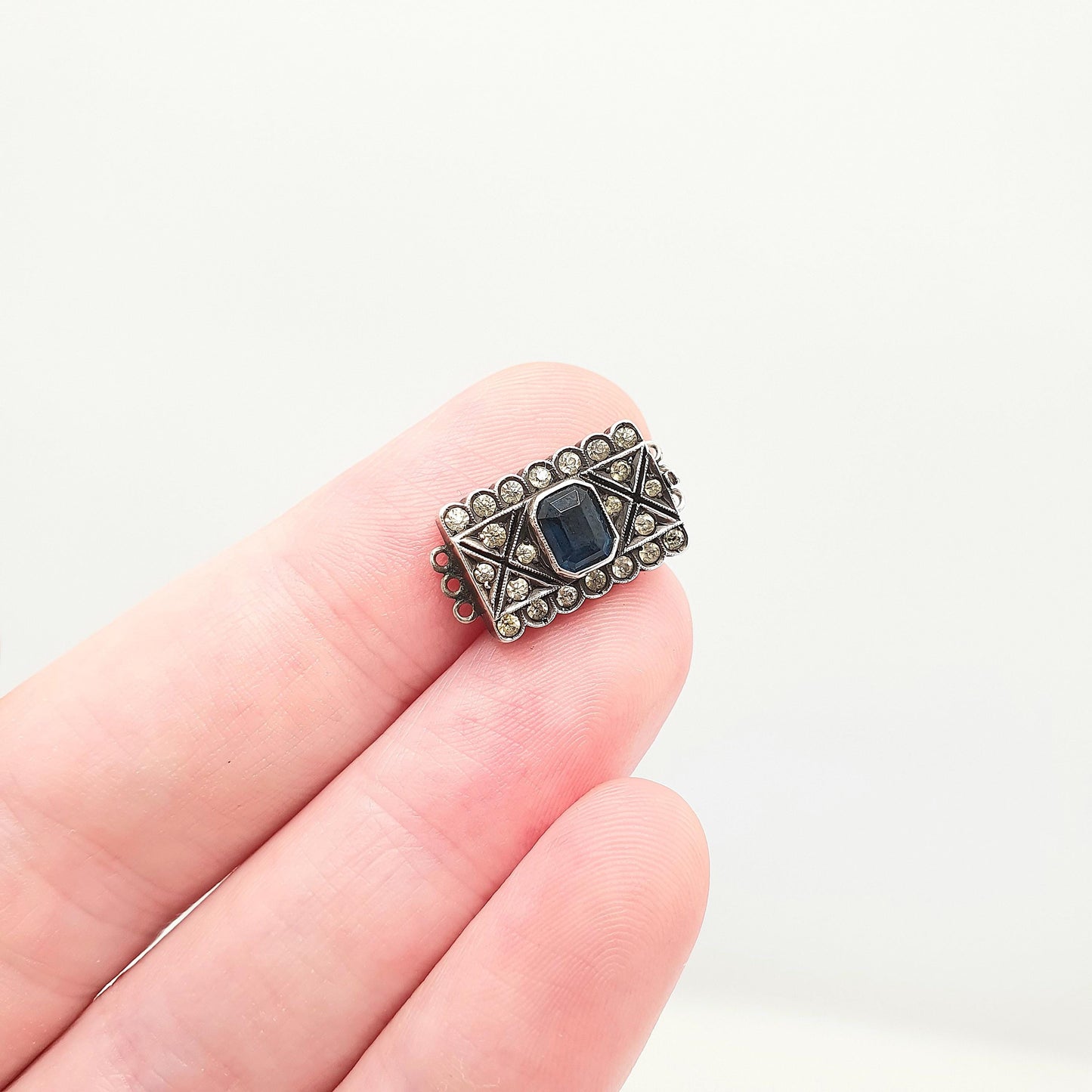 Antique Sterling Silver Sapphire & Diamond Paste Clasp Necklace Bracelet Fastening Clip Triple Three Art Deco Vintage Jewelry Jewellery