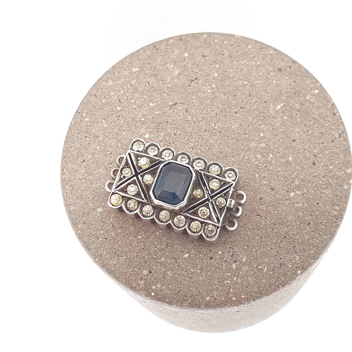 Antique Sterling Silver Sapphire & Diamond Paste Clasp Necklace Bracelet Fastening Clip Triple Three Art Deco Vintage Jewelry Jewellery