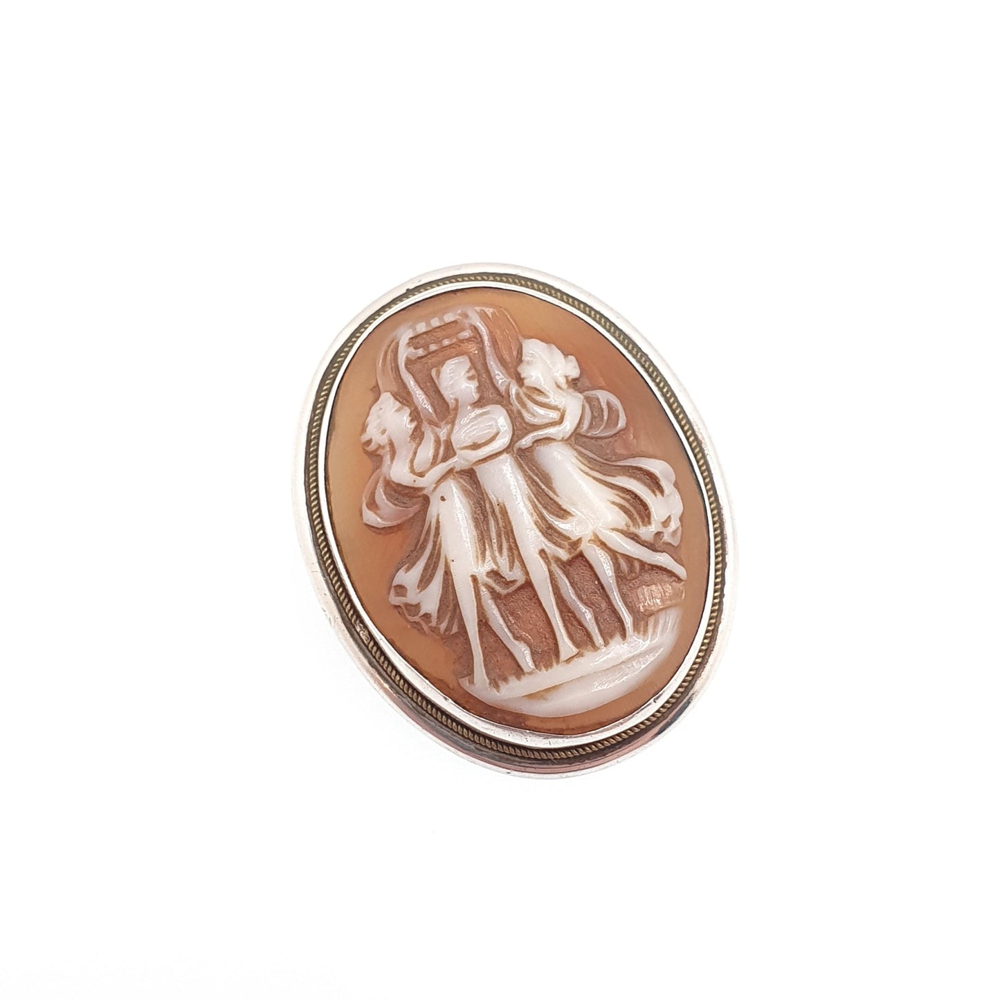 Antique Solid Silver Three Graces Cameo Necklace Pendant Brooch Grace Art Deco Shell Hand Carved Italian Retro Vintage Jewelry Jewellery