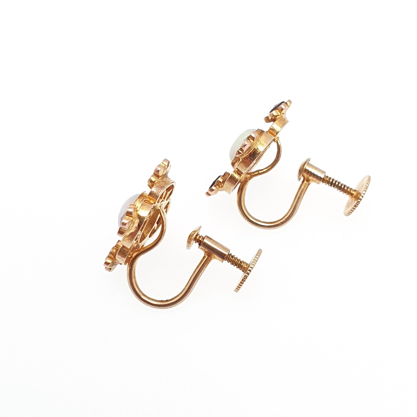 Antique 9k 9ct Gold Opal & Garnet Earrings Victorian White Opals Solid 375 Oval Cut Cabochon Vintage Gemstone Womens Jewelry Jewellery
