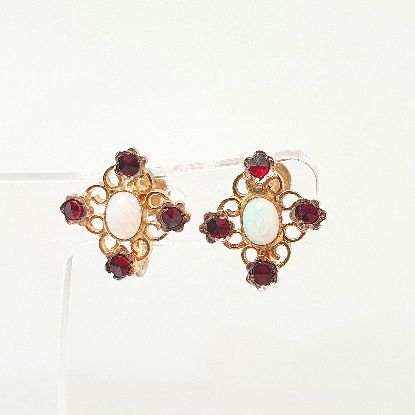 Antique 9k 9ct Gold Opal & Garnet Earrings Victorian White Opals Solid 375 Oval Cut Cabochon Vintage Gemstone Womens Jewelry Jewellery