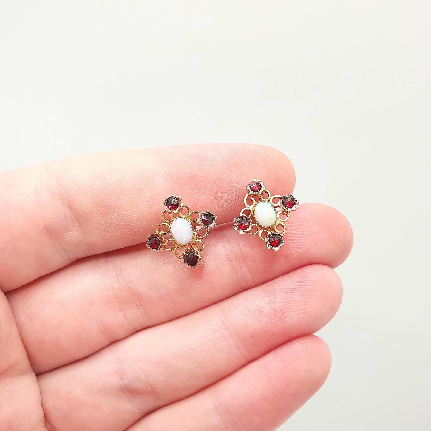 Antique 9k 9ct Gold Opal & Garnet Earrings Victorian White Opals Solid 375 Oval Cut Cabochon Vintage Gemstone Womens Jewelry Jewellery